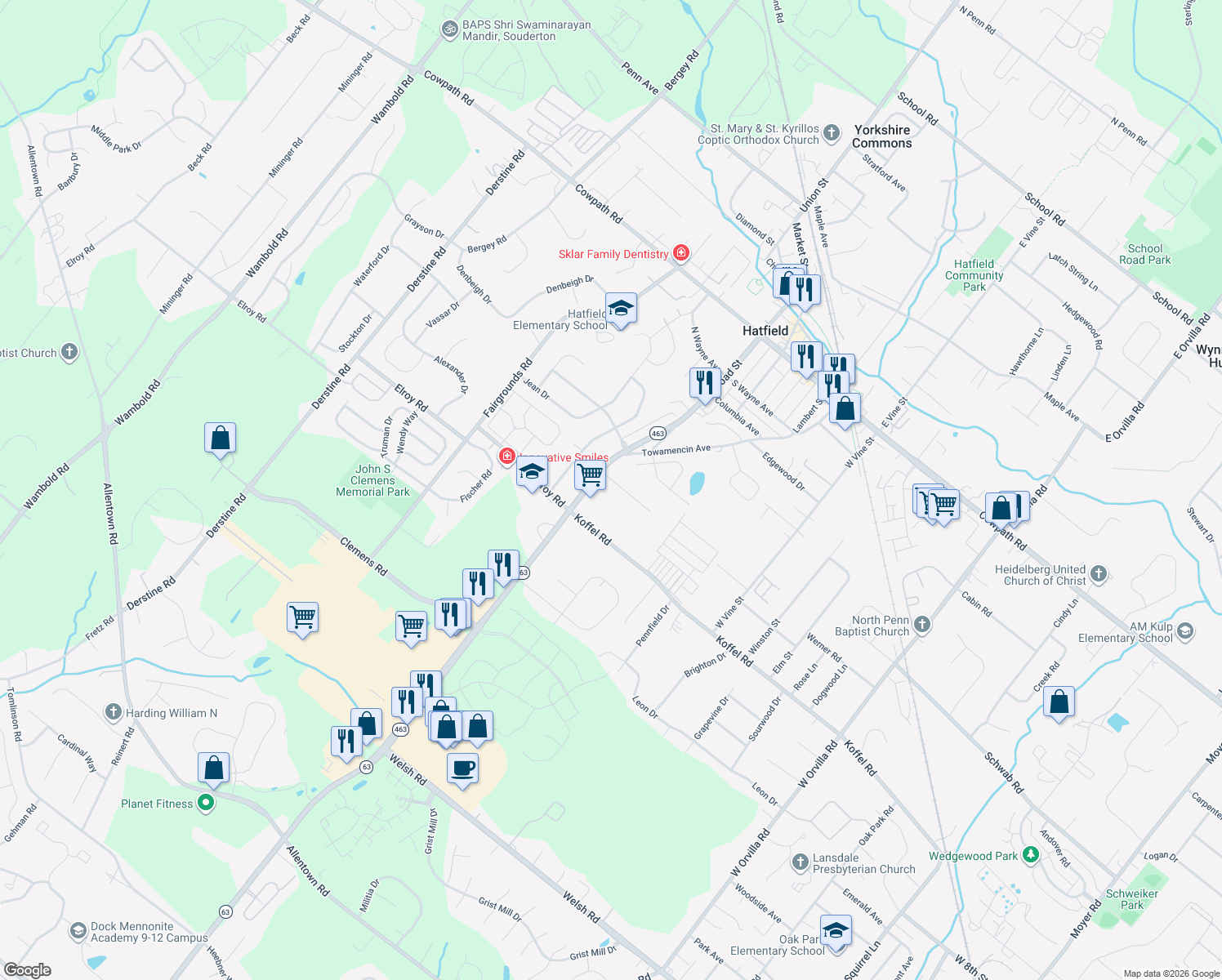 map of restaurants, bars, coffee shops, grocery stores, and more near 2406 Farview Ave in Hatfield