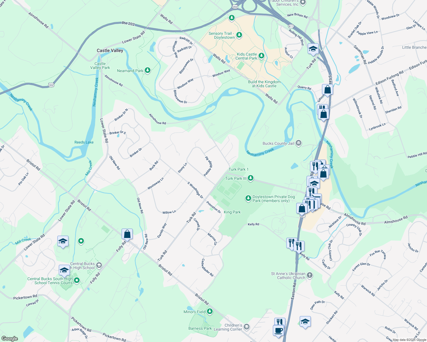 map of restaurants, bars, coffee shops, grocery stores, and more near 266 Pebble Ridge Road in Warrington