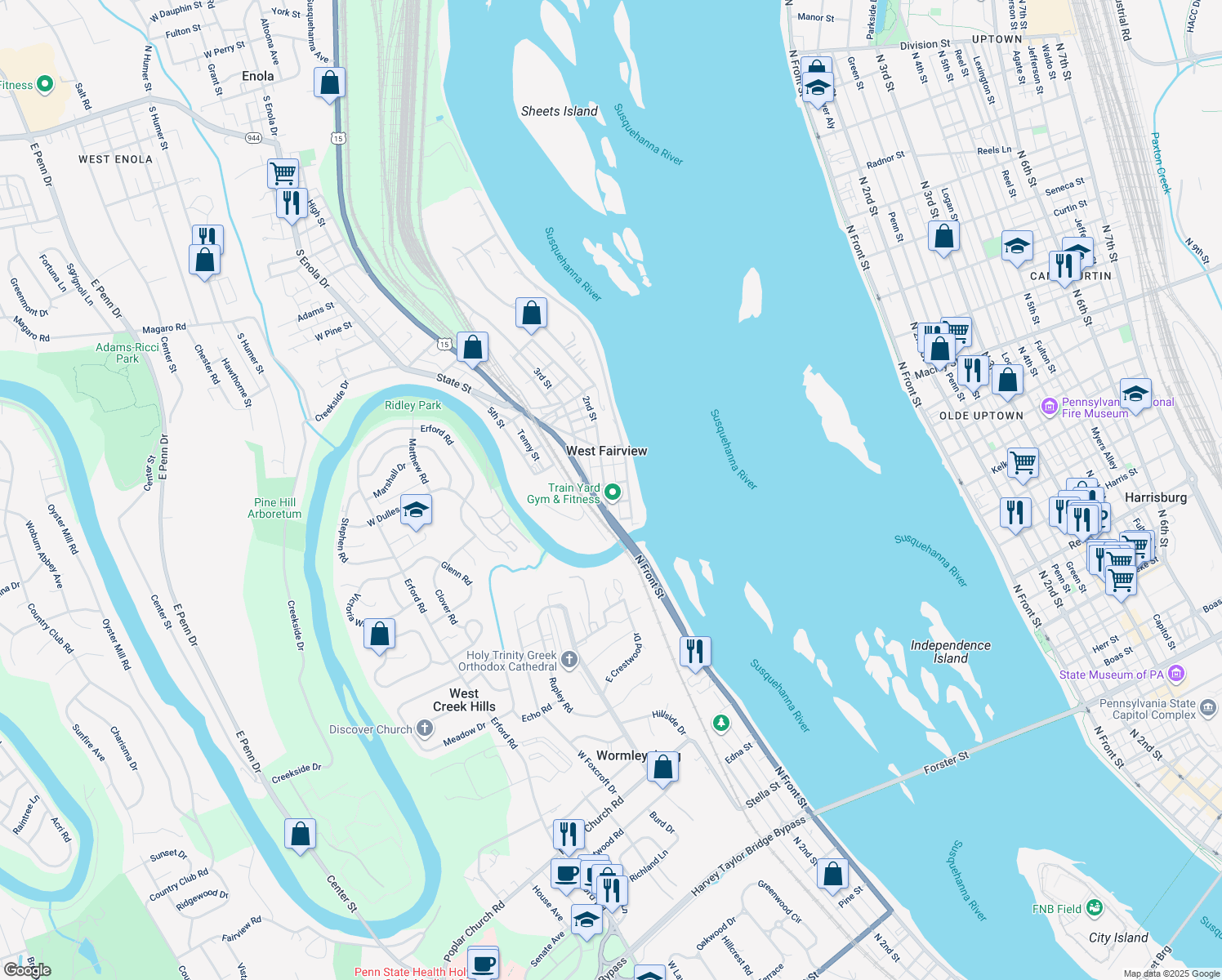 map of restaurants, bars, coffee shops, grocery stores, and more near 97 2nd St in Enola