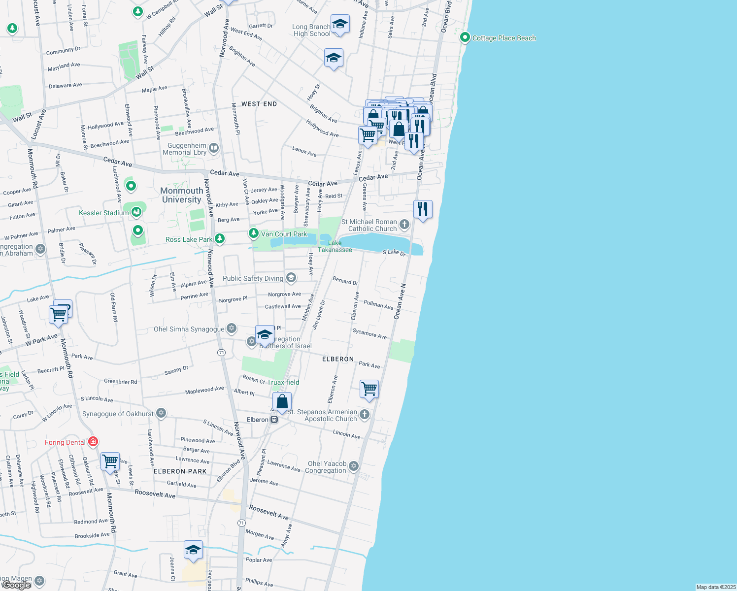map of restaurants, bars, coffee shops, grocery stores, and more near 74 Pullman Ave in Long Branch