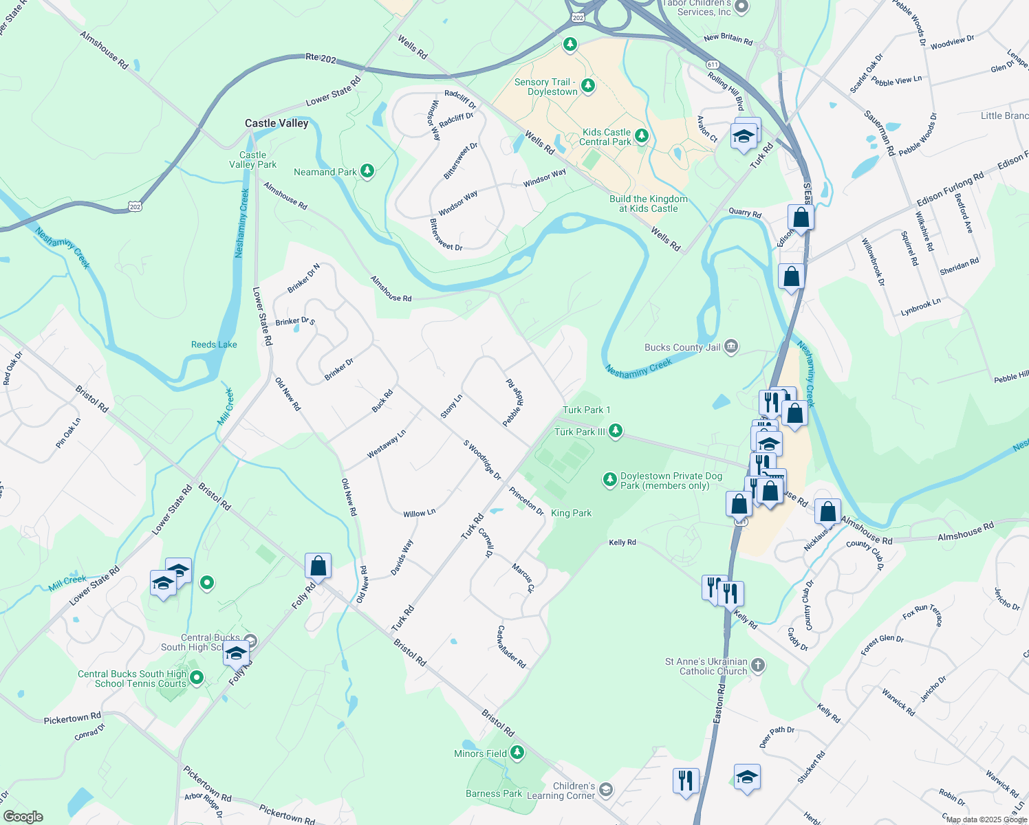 map of restaurants, bars, coffee shops, grocery stores, and more near 227 Pebble Ridge Road in Warrington