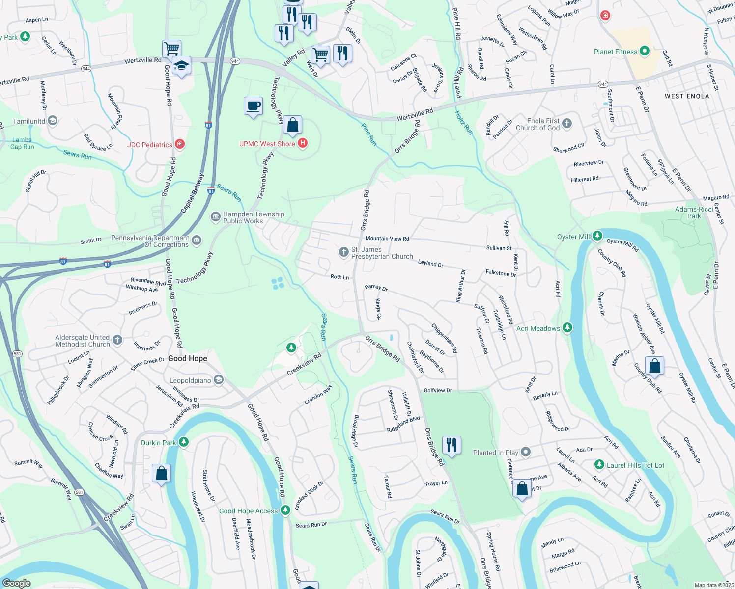 map of restaurants, bars, coffee shops, grocery stores, and more near 4007 Pamay Dr in Mechanicsburg