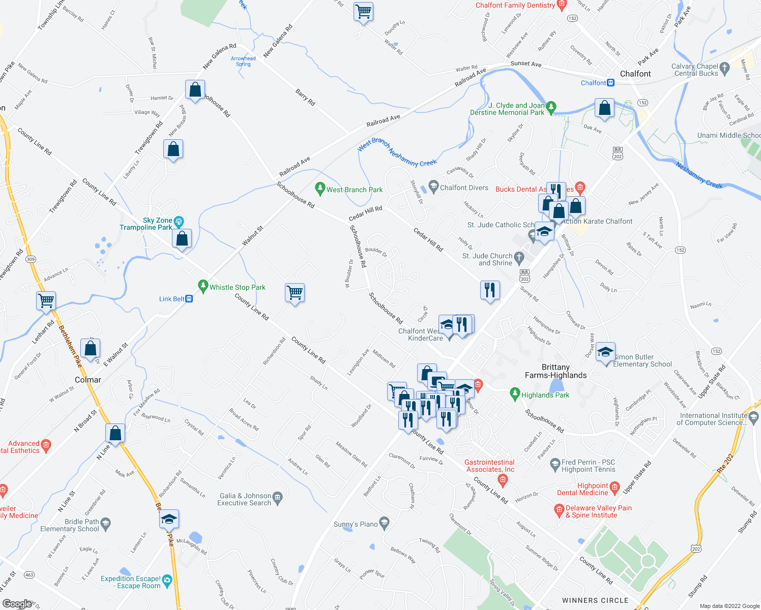 map of restaurants, bars, coffee shops, grocery stores, and more near 353 Boulder Drive in Chalfont