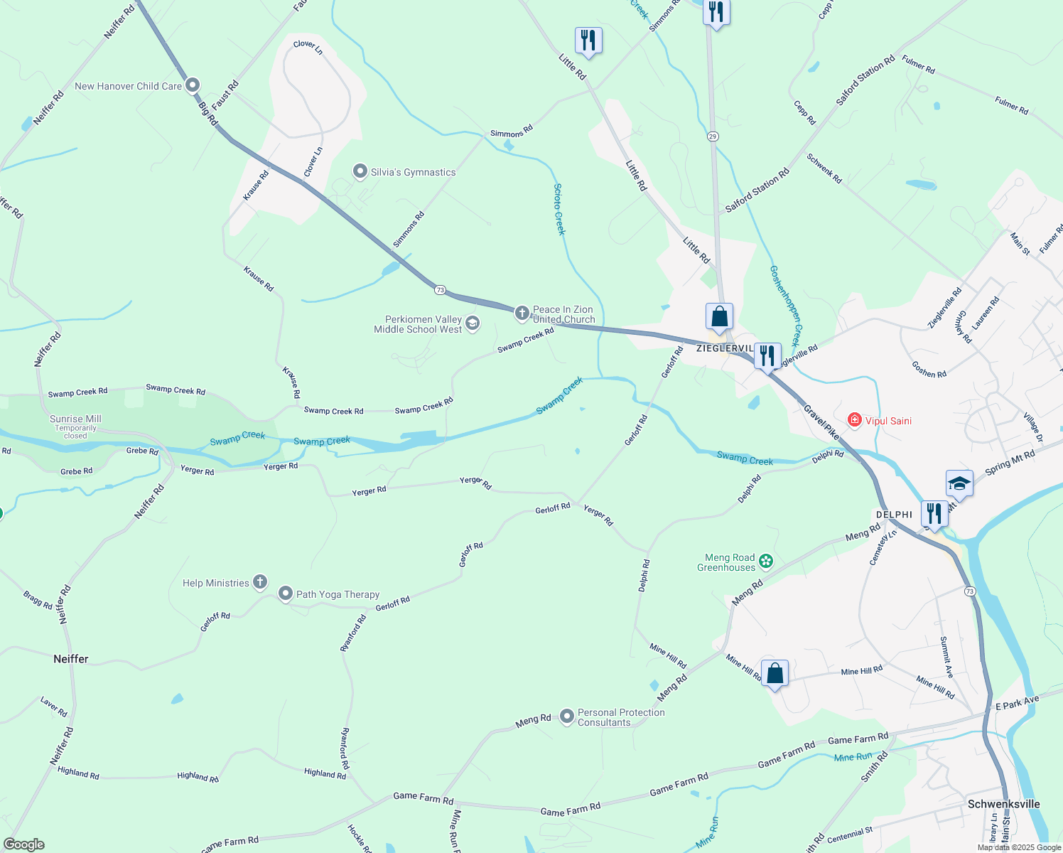 map of restaurants, bars, coffee shops, grocery stores, and more near 108 Creekside Way in Schwenksville