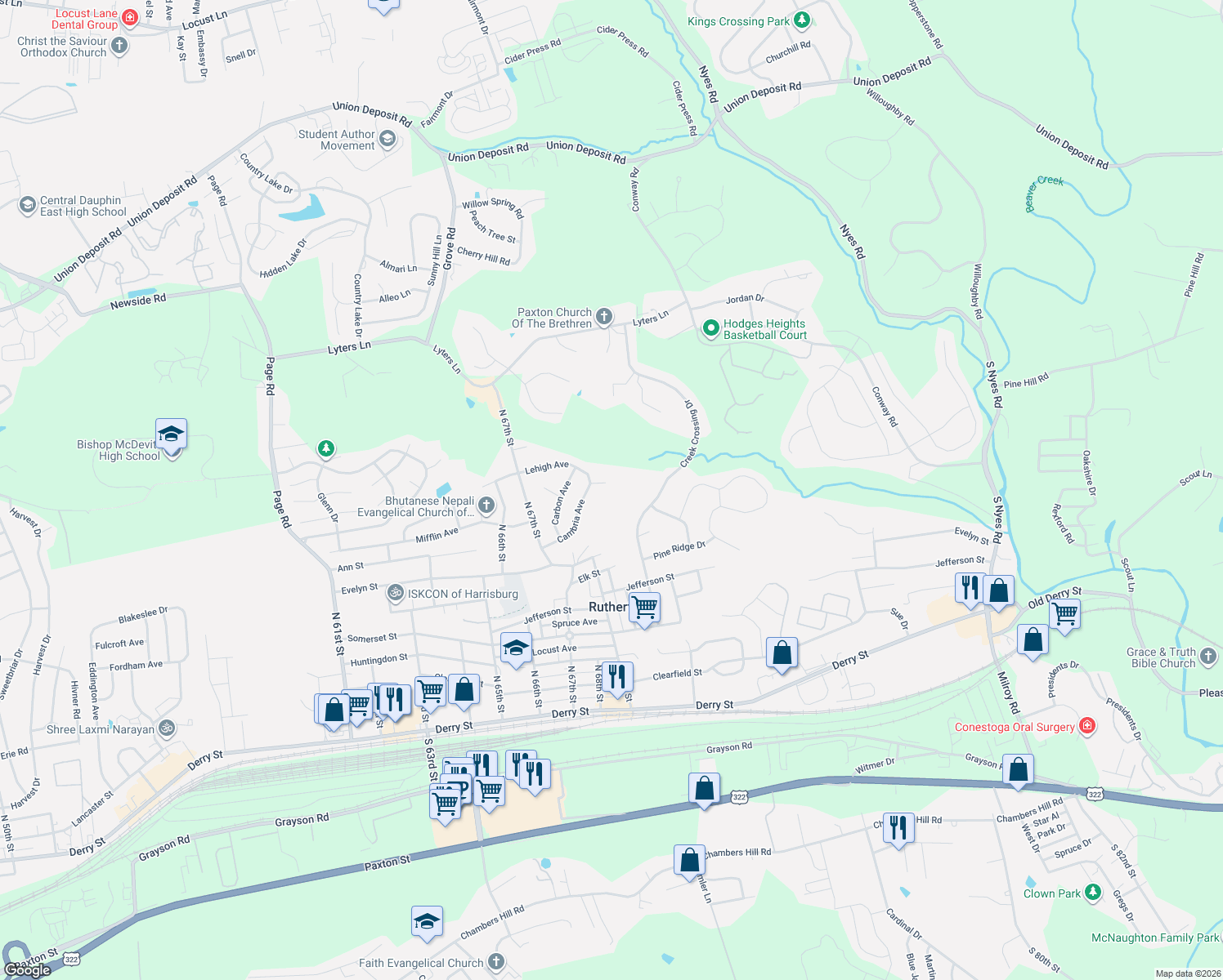map of restaurants, bars, coffee shops, grocery stores, and more near 6811 Ardin Dr in Harrisburg