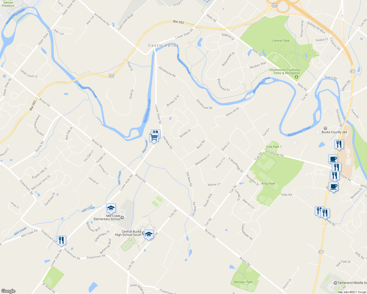 map of restaurants, bars, coffee shops, grocery stores, and more near 48 Anvil Lane in Warrington