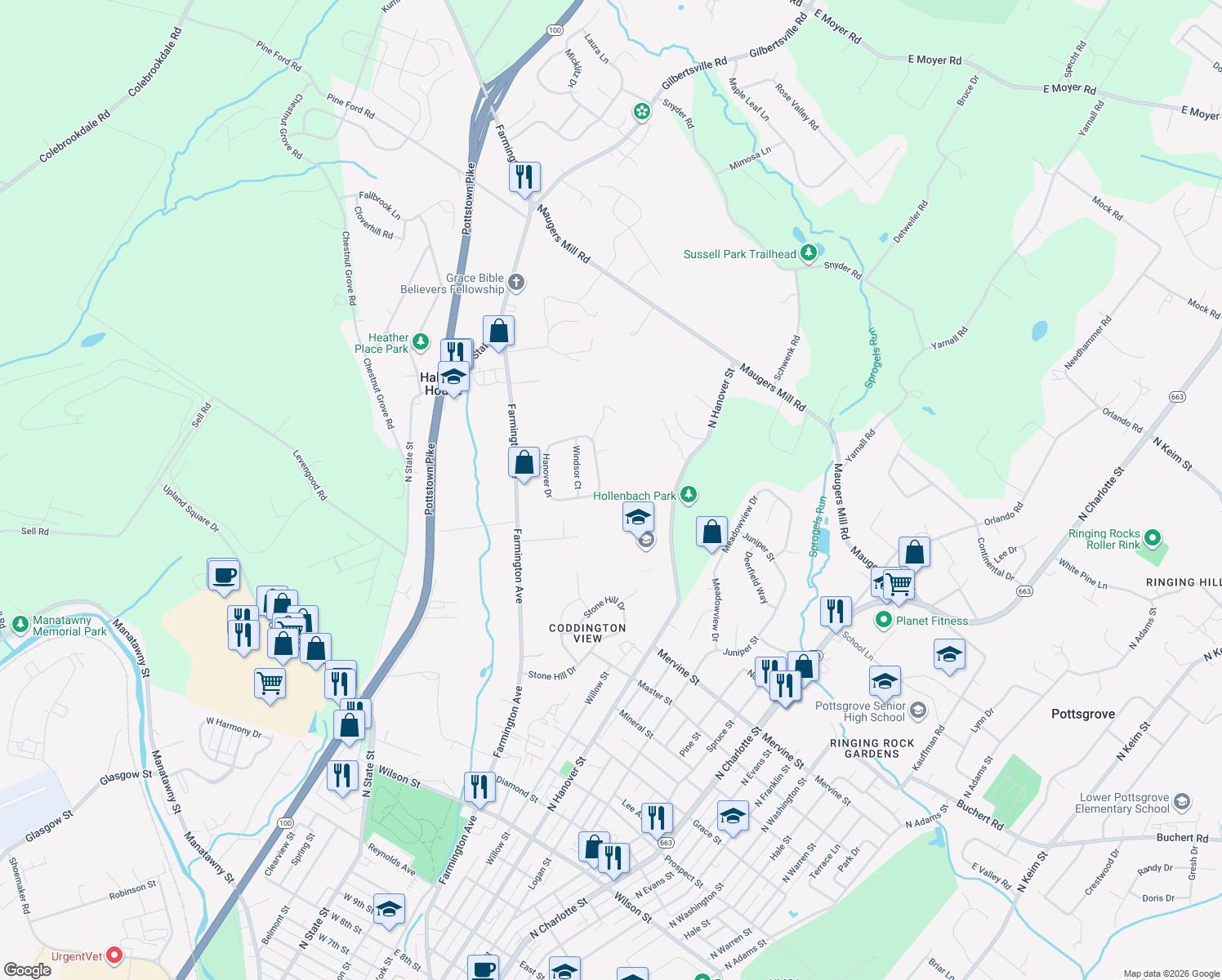 map of restaurants, bars, coffee shops, grocery stores, and more near 135 Hanover Drive in Pottstown