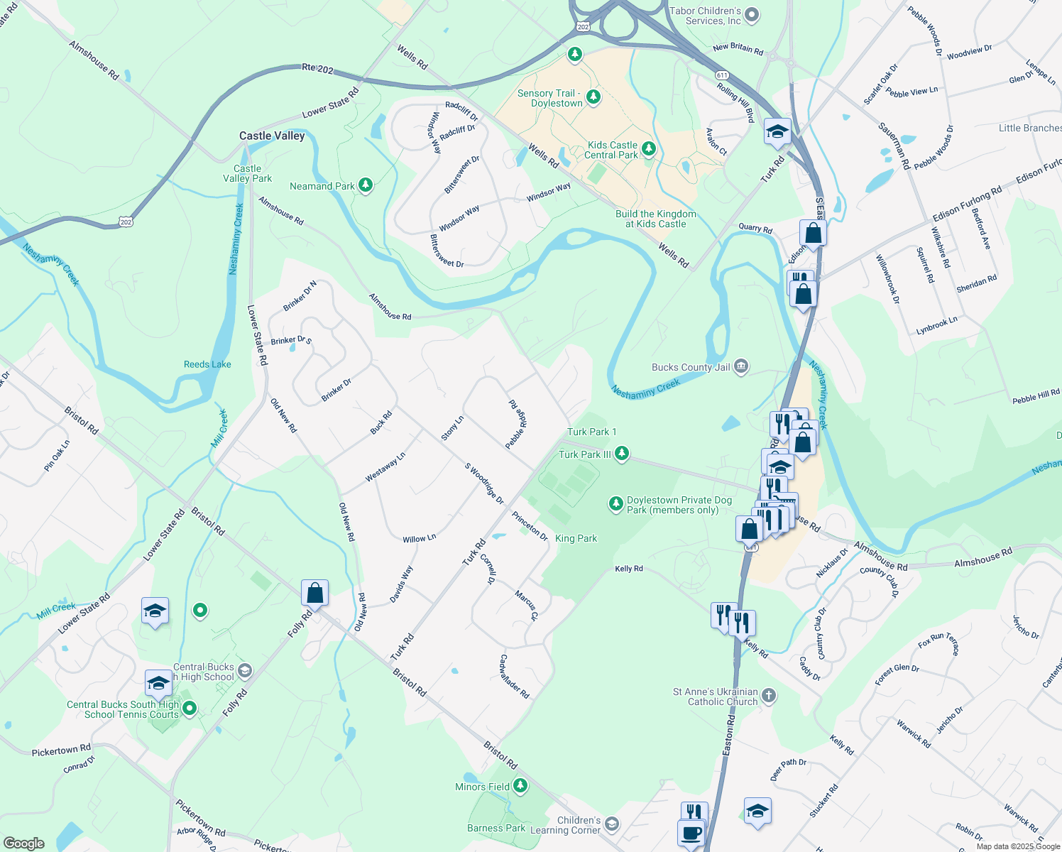 map of restaurants, bars, coffee shops, grocery stores, and more near 254 Pebble Ridge Road in Warrington