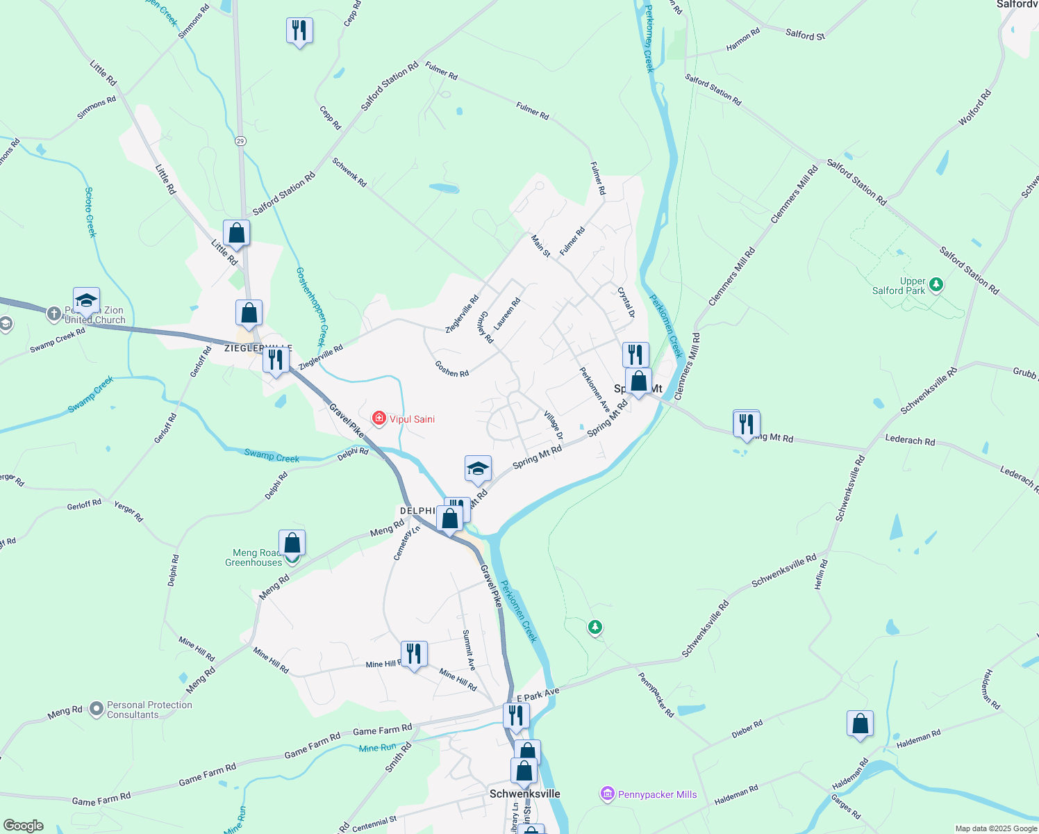 map of restaurants, bars, coffee shops, grocery stores, and more near 46 Village Dr in Schwenksville