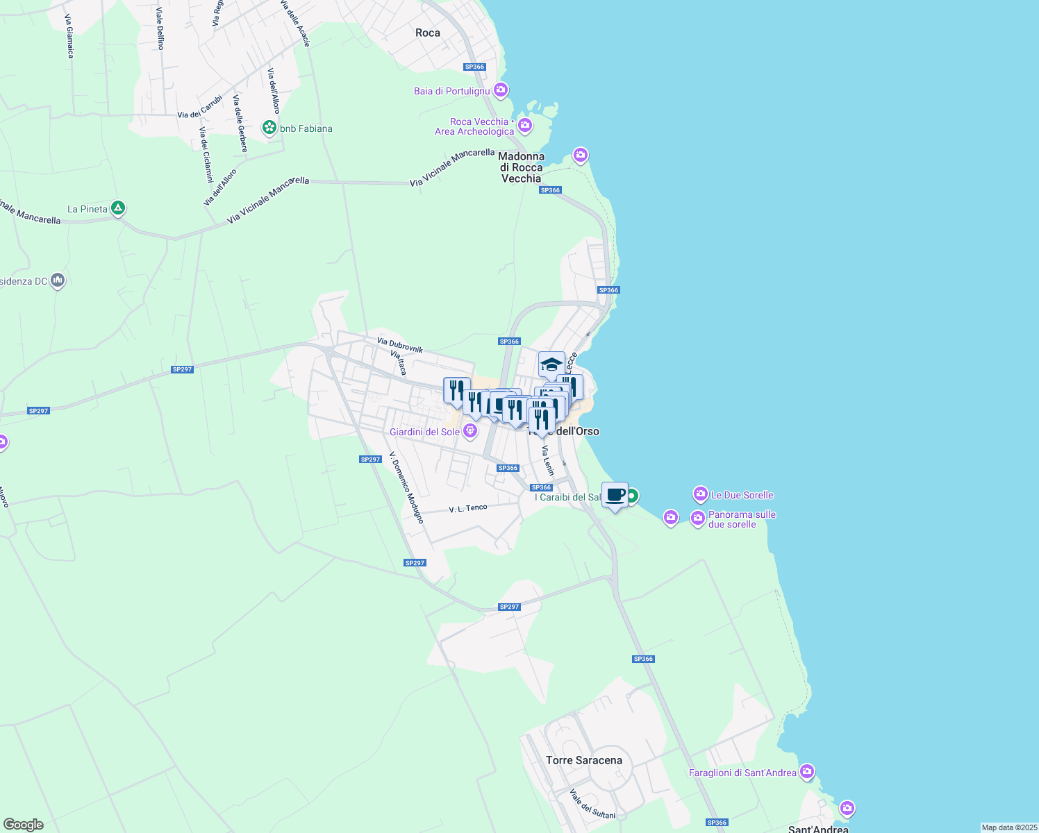map of restaurants, bars, coffee shops, grocery stores, and more near Via Pergolesi in Torre Dell'Orso