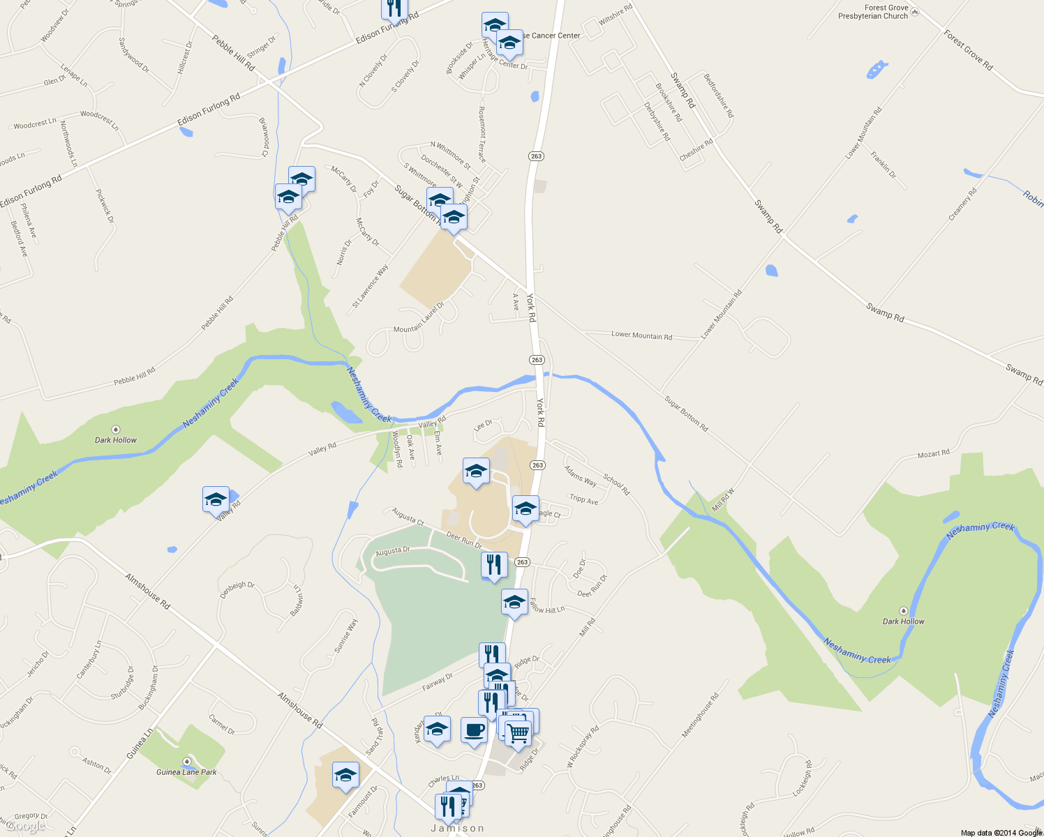 map of restaurants, bars, coffee shops, grocery stores, and more near 2701 Dillie Circle in Jamison