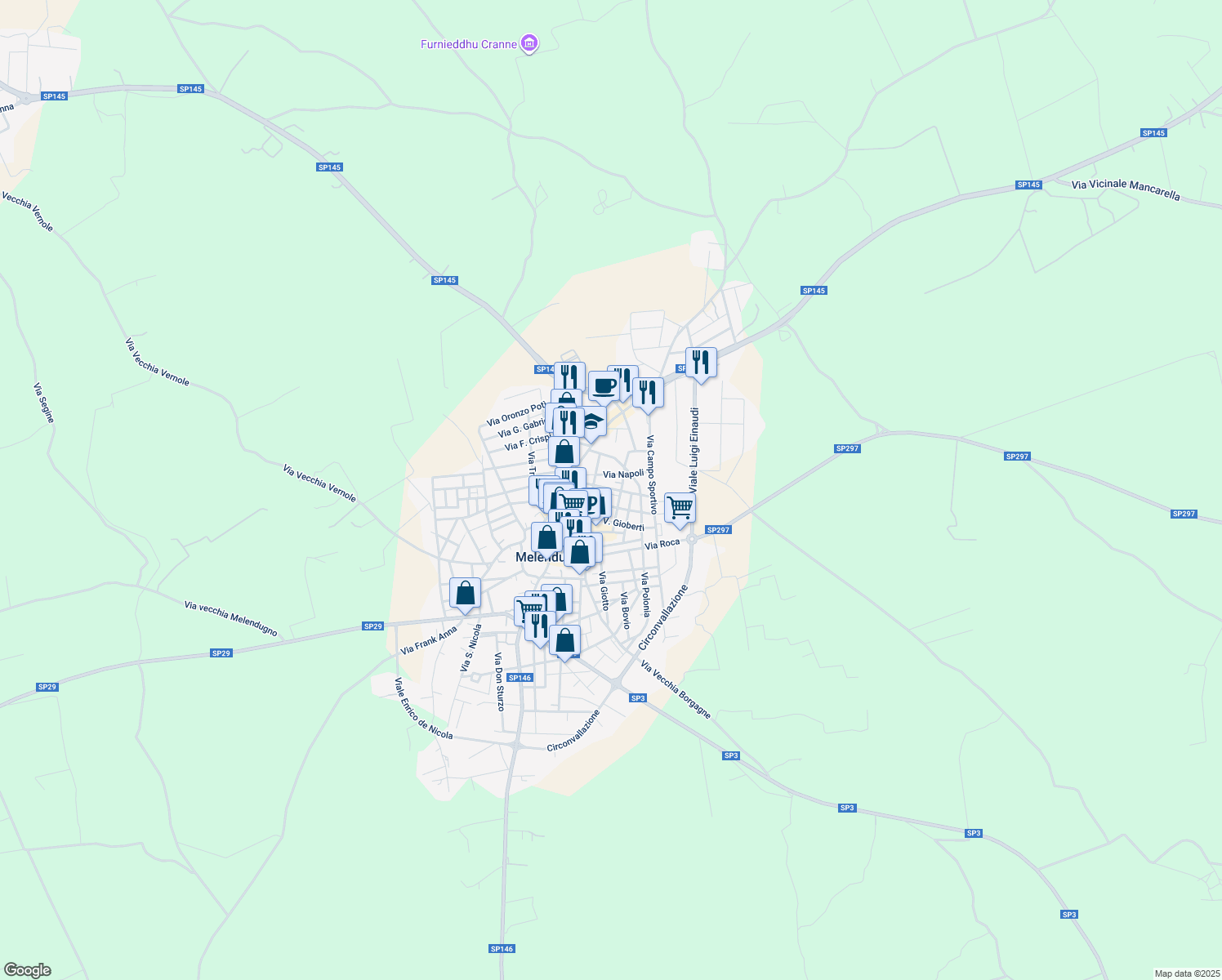 map of restaurants, bars, coffee shops, grocery stores, and more near 61 Via Giuseppe Garibaldi in Melendugno