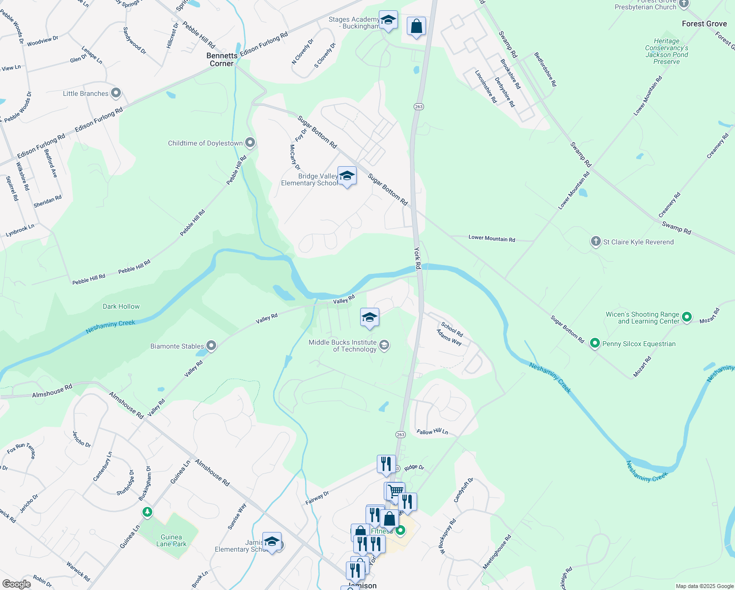 map of restaurants, bars, coffee shops, grocery stores, and more near 2769 Valley Road in Jamison