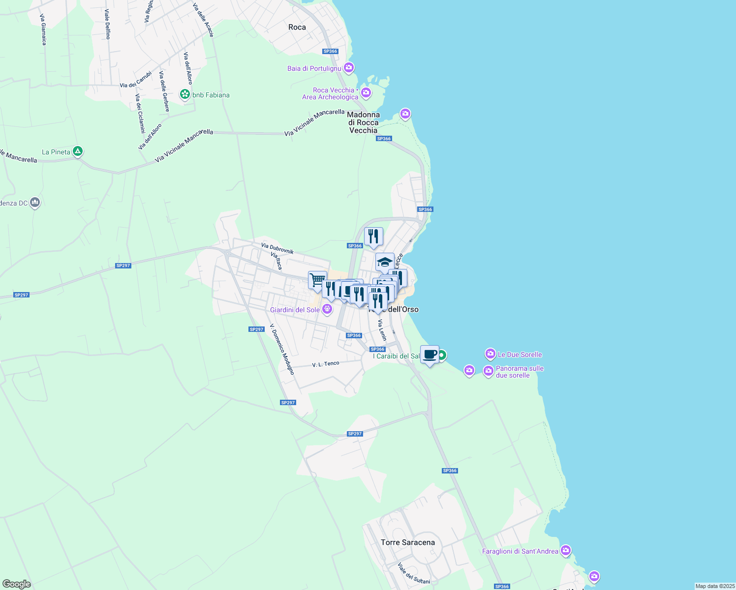 map of restaurants, bars, coffee shops, grocery stores, and more near Via Pergolesi in Torre Dell'Orso