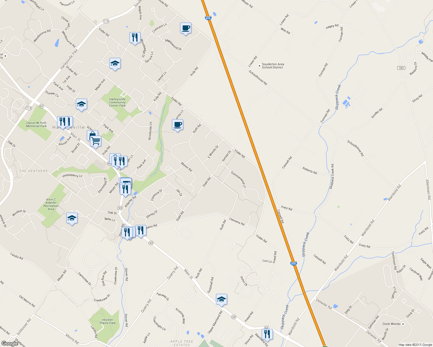 map of restaurants, bars, coffee shops, grocery stores, and more near 270 Summerwind Lane in Harleysville