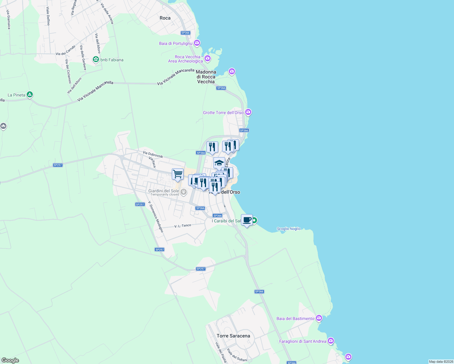 map of restaurants, bars, coffee shops, grocery stores, and more near 12 Via Filippo Turati in Torre dell'Orso