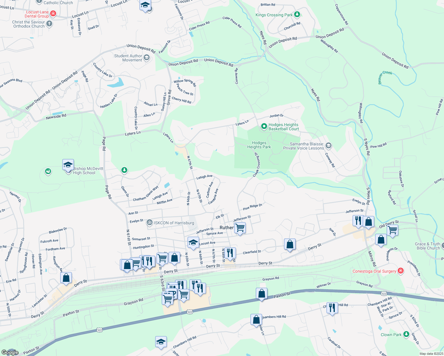 map of restaurants, bars, coffee shops, grocery stores, and more near 6790 Lehigh Avenue in Harrisburg
