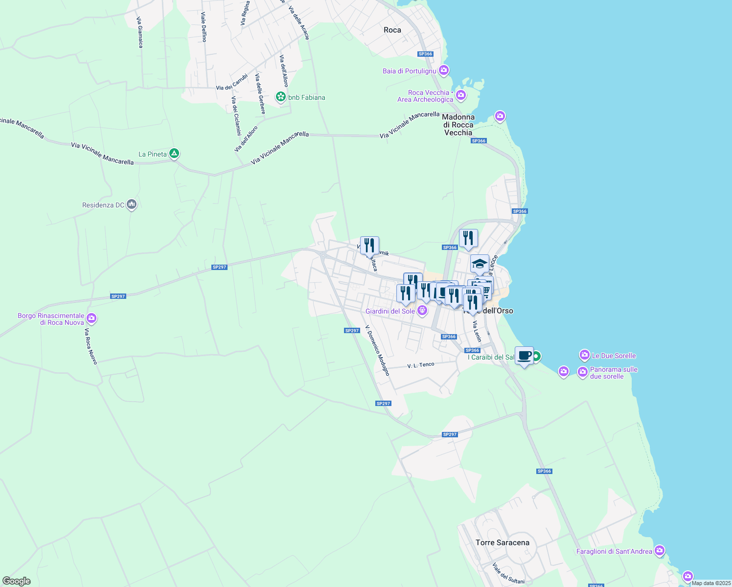 map of restaurants, bars, coffee shops, grocery stores, and more near 10 Via Tina Pica in Torre dell'Orso
