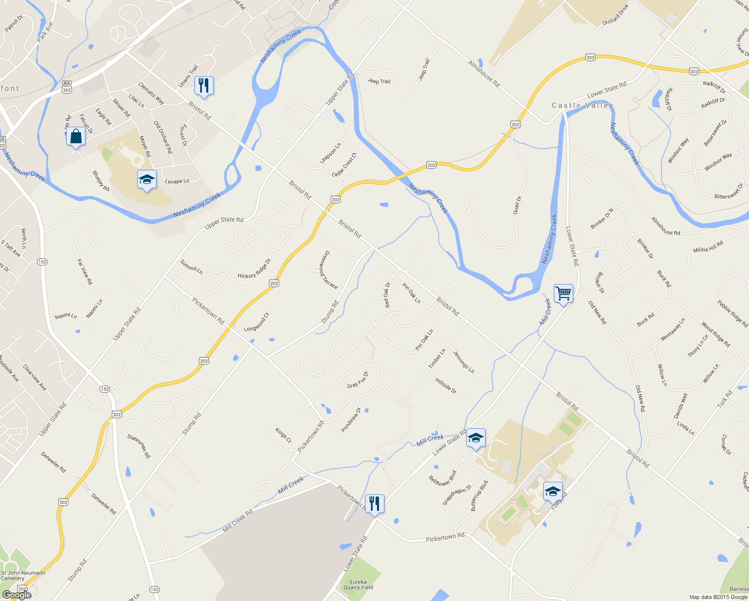 map of restaurants, bars, coffee shops, grocery stores, and more near 1234 Black Oak Court in Chalfont