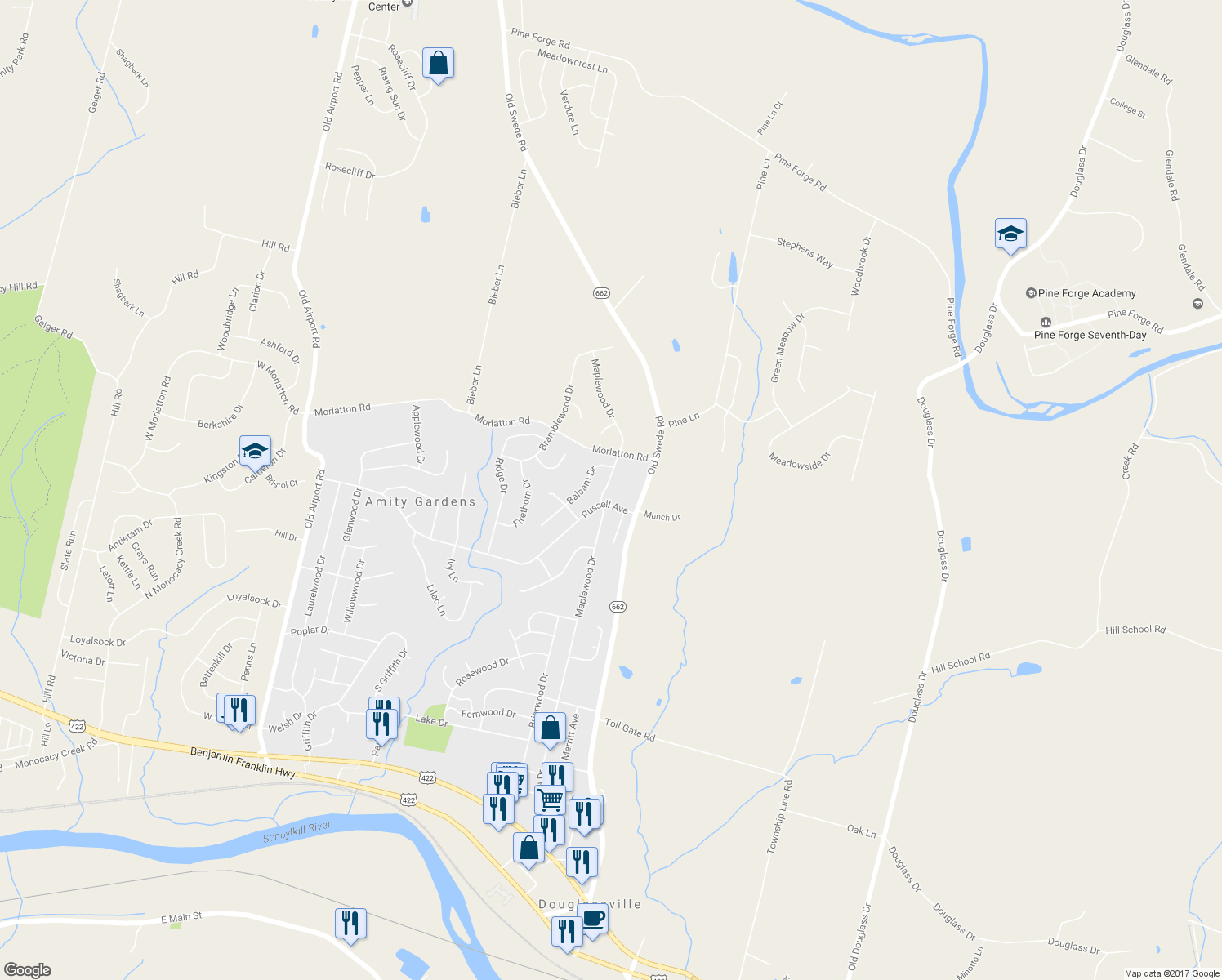 map of restaurants, bars, coffee shops, grocery stores, and more near 603 Maplewood Drive in Douglassville