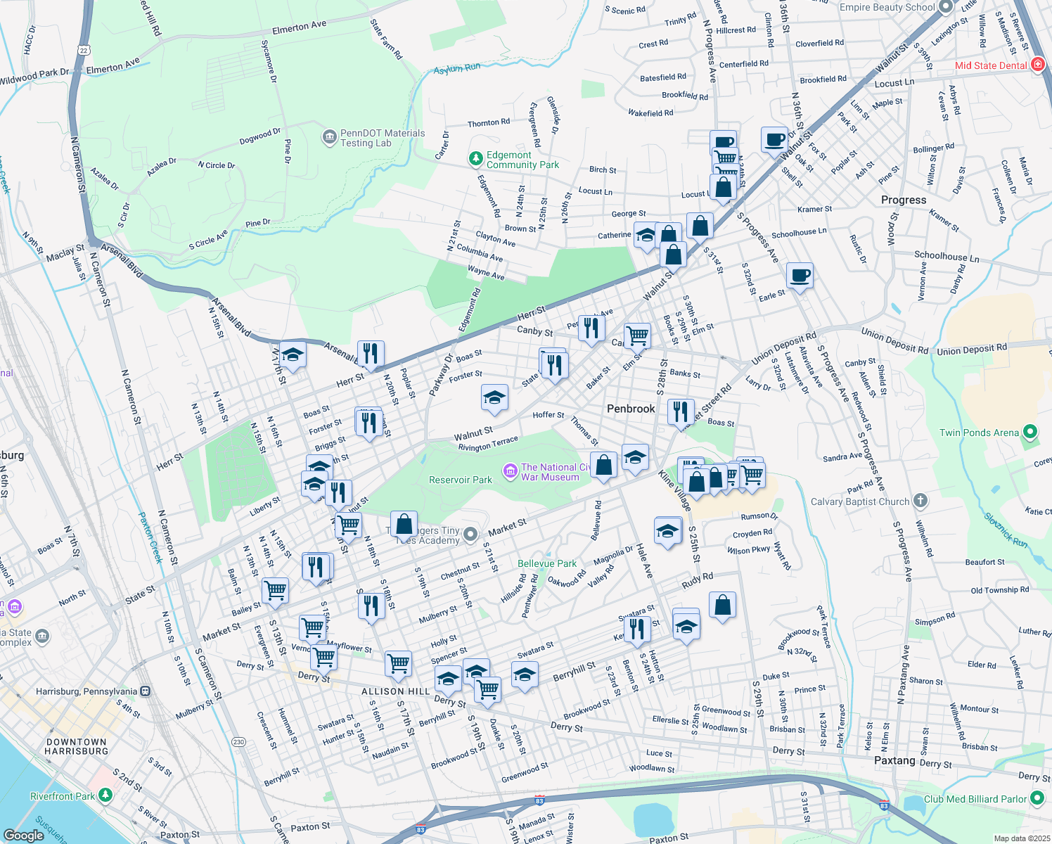 map of restaurants, bars, coffee shops, grocery stores, and more near 2303 Hoffer St in Harrisburg