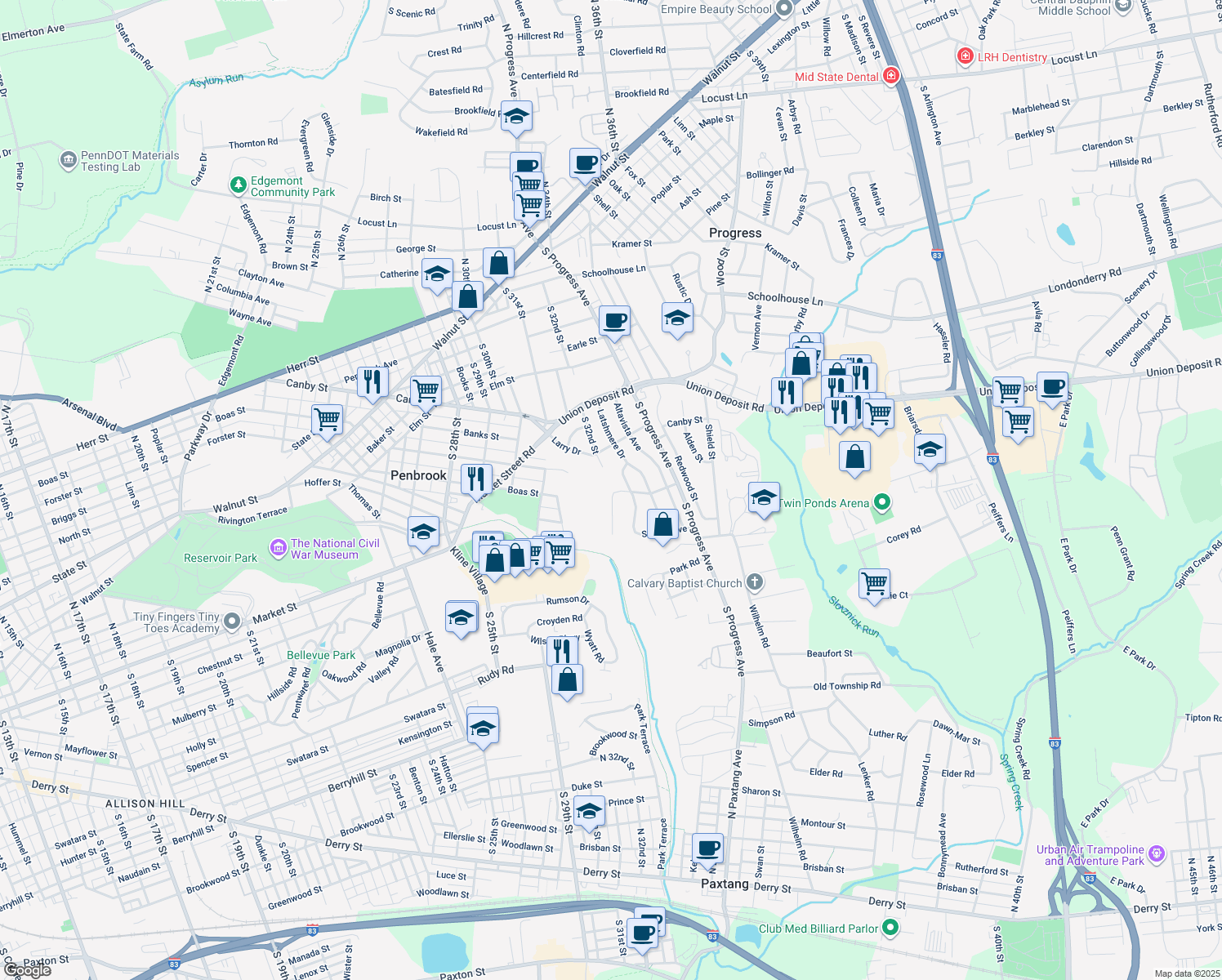 map of restaurants, bars, coffee shops, grocery stores, and more near 3200 Lescure Avenue in Harrisburg