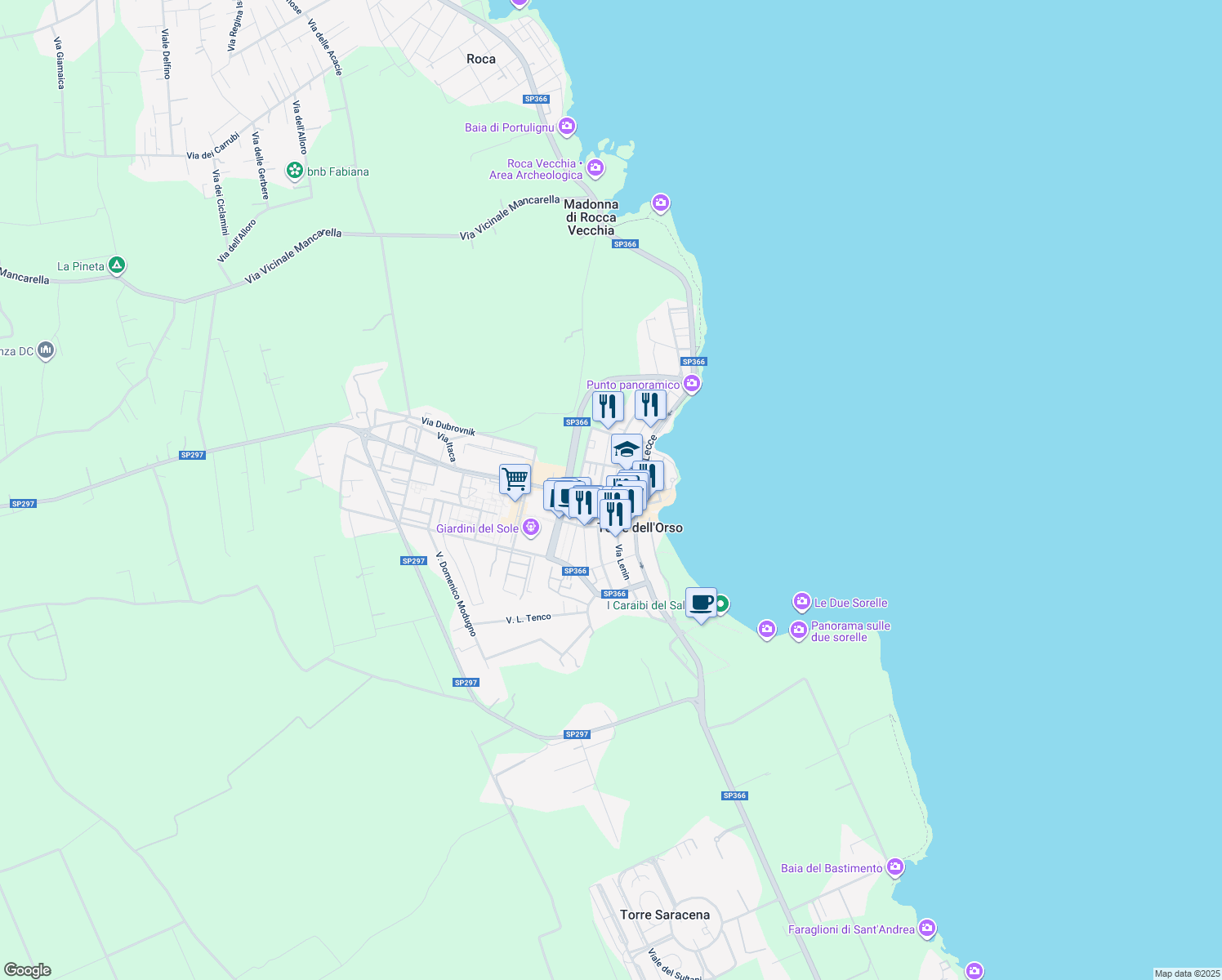 map of restaurants, bars, coffee shops, grocery stores, and more near 10-13 Via Giacomo Leopardi in Torre Dell'orso