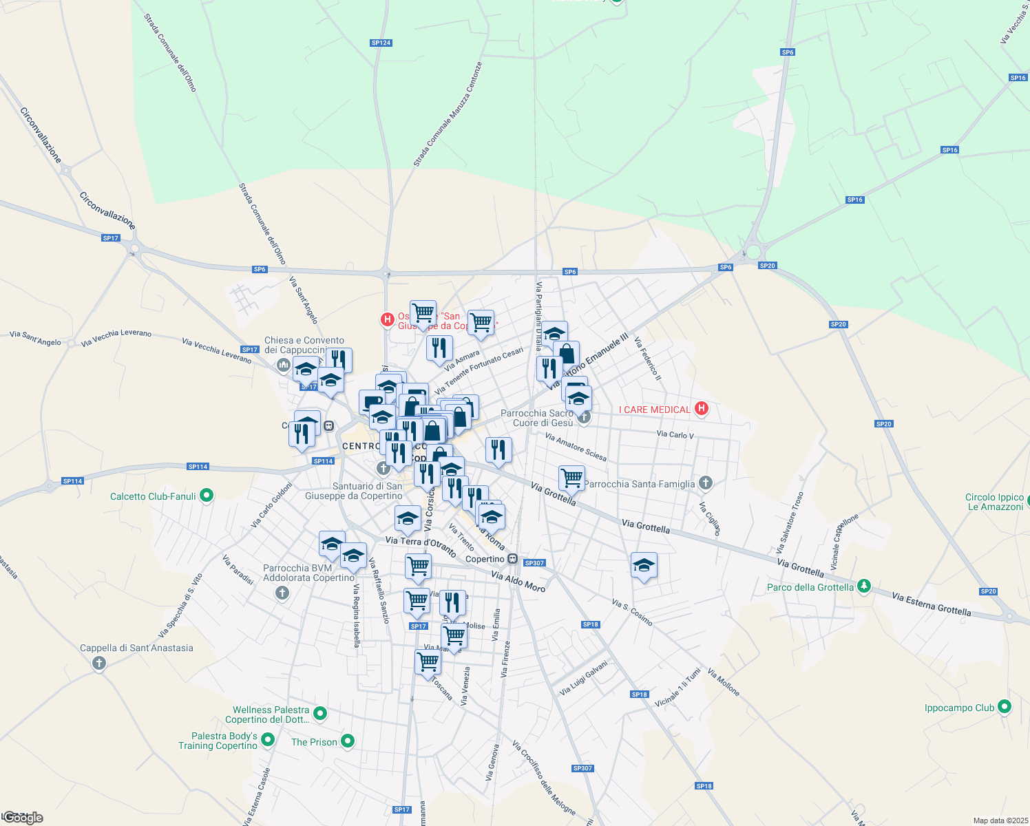 map of restaurants, bars, coffee shops, grocery stores, and more near 294 Via Mariano Cosimo in Copertino