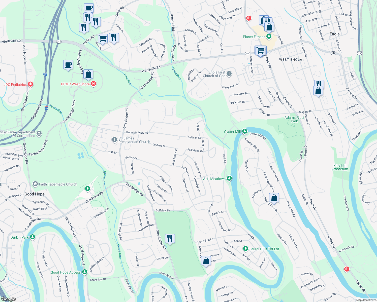 map of restaurants, bars, coffee shops, grocery stores, and more near 3711 Falkstone Dr in Mechanicsburg
