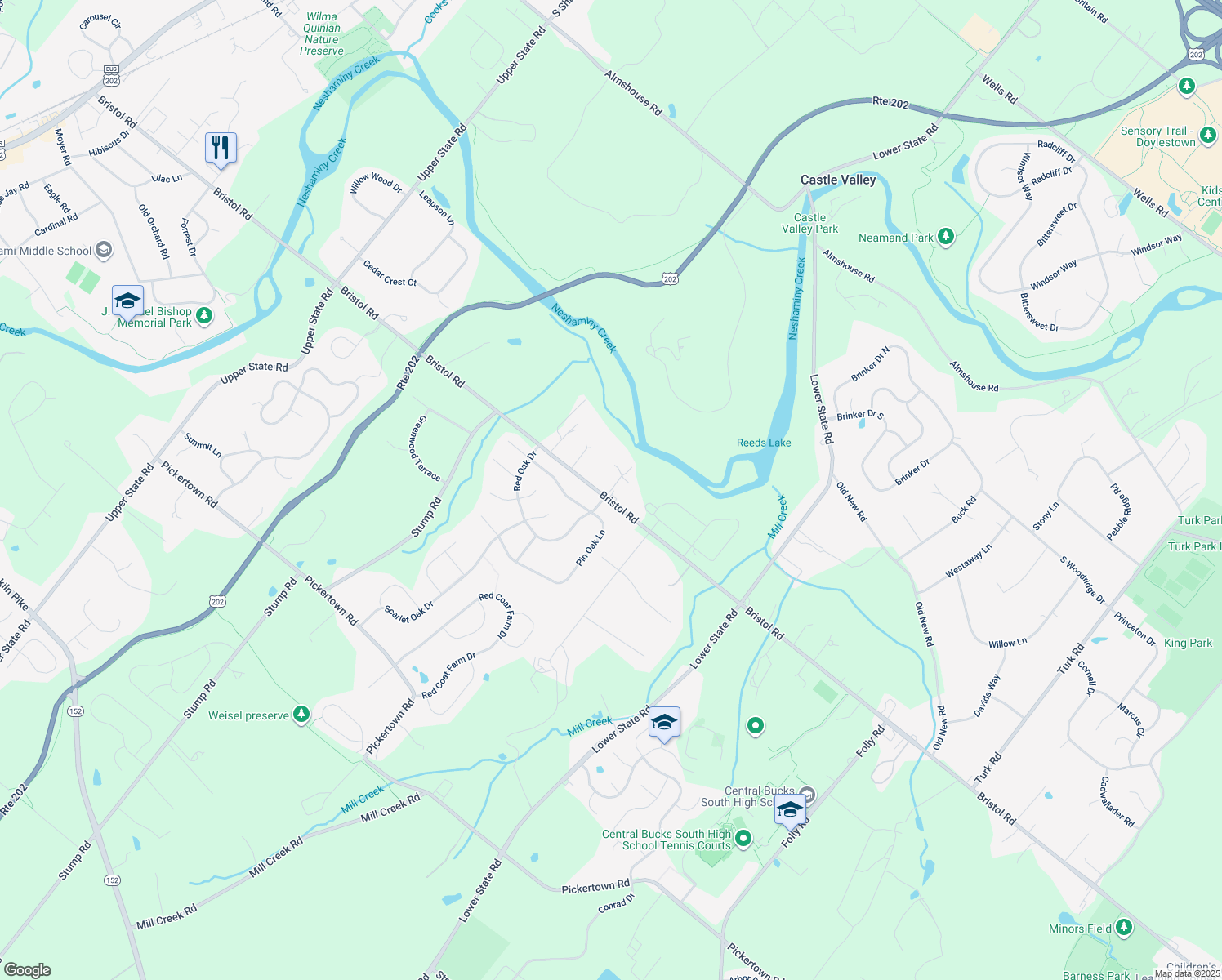 map of restaurants, bars, coffee shops, grocery stores, and more near Neshaminy Dell Drive in Doylestown