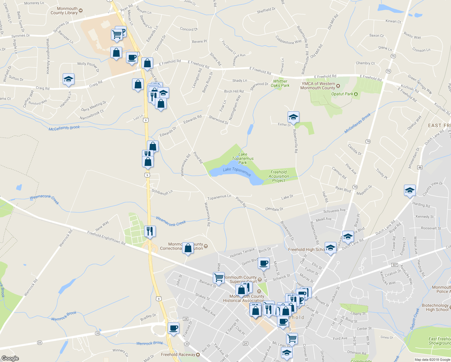 map of restaurants, bars, coffee shops, grocery stores, and more near 187 Pond Road in Freehold Township