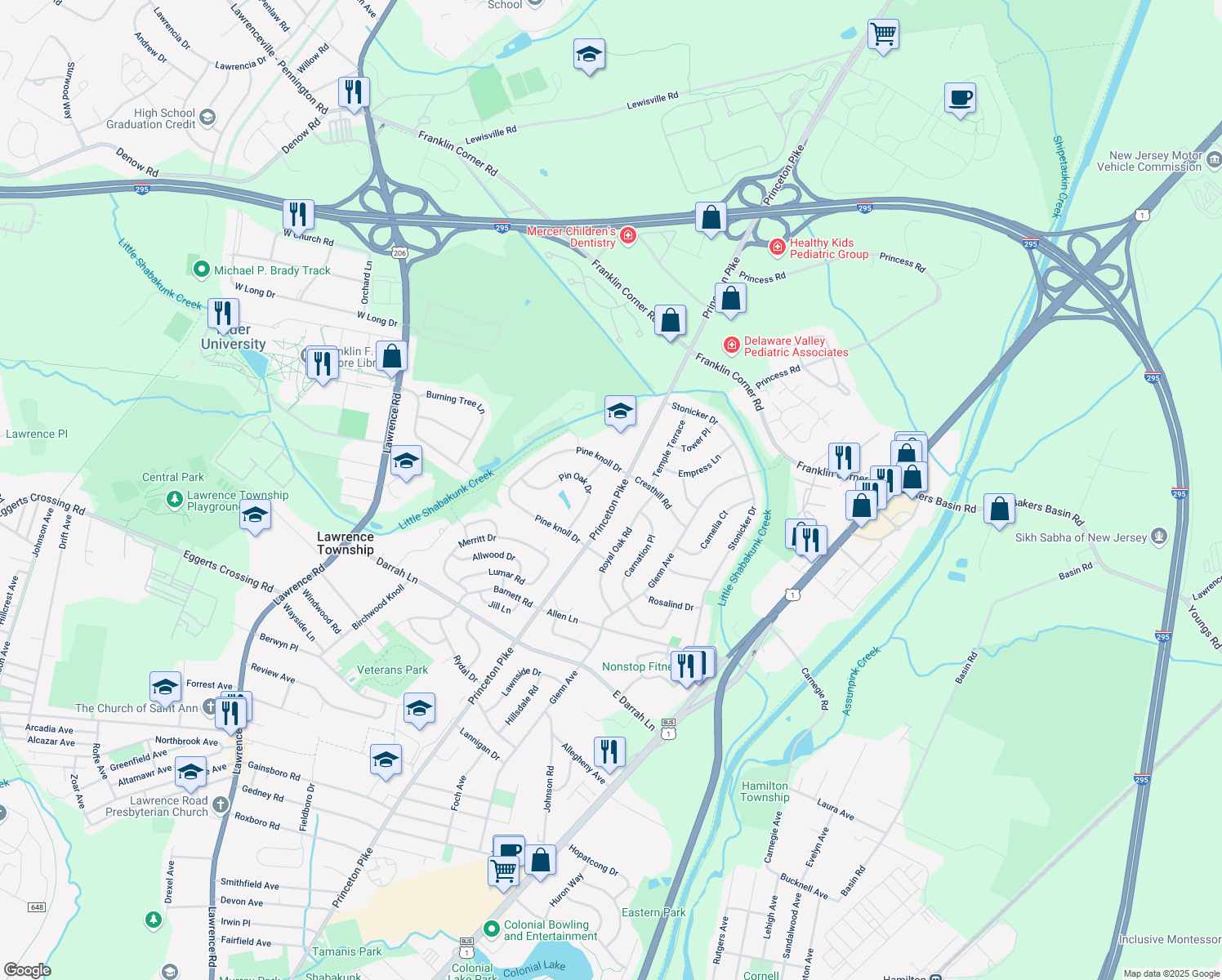 map of restaurants, bars, coffee shops, grocery stores, and more near 2881 Princeton Pike in Lawrence Township