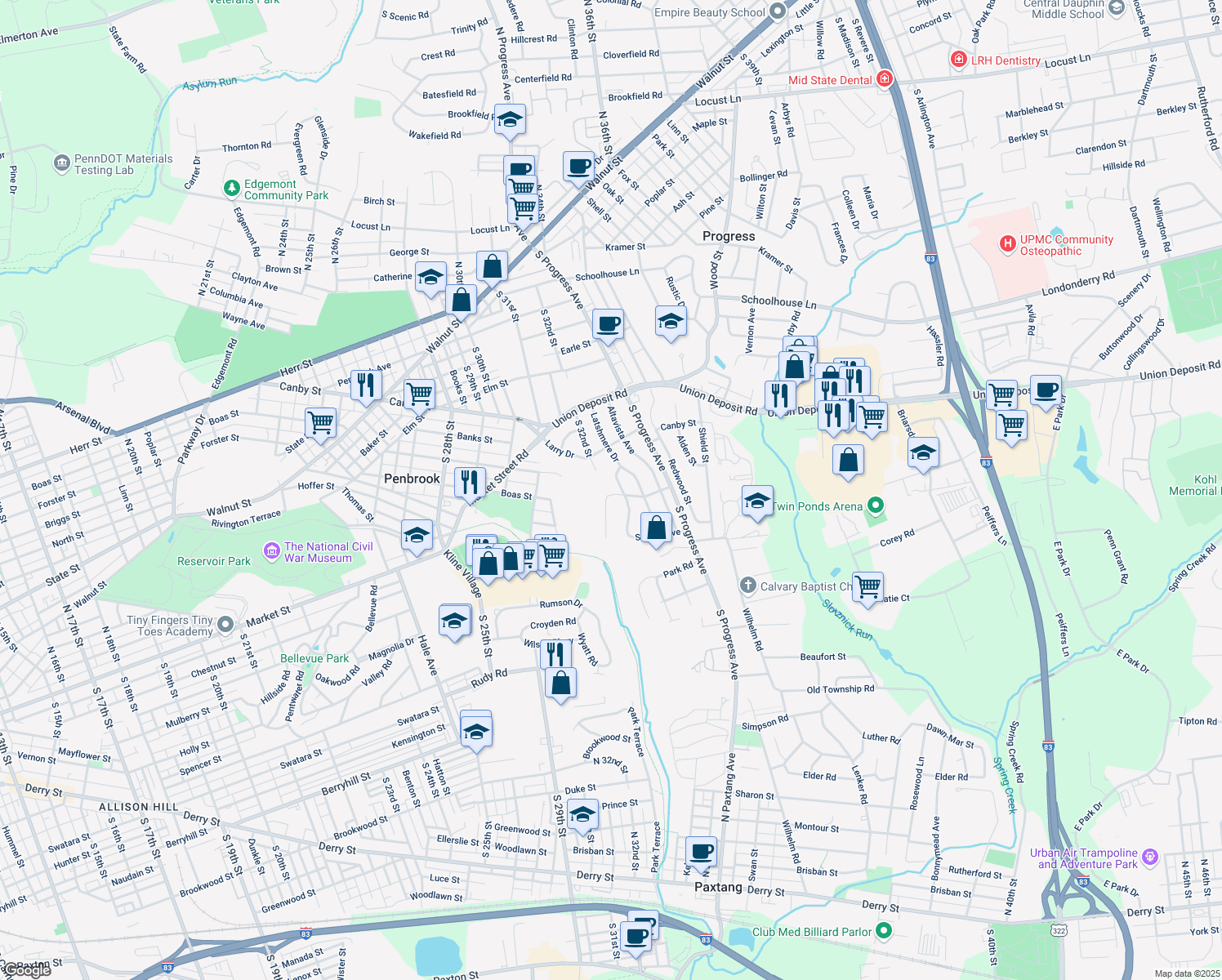 map of restaurants, bars, coffee shops, grocery stores, and more near 3202 Lescure Ave in Harrisburg