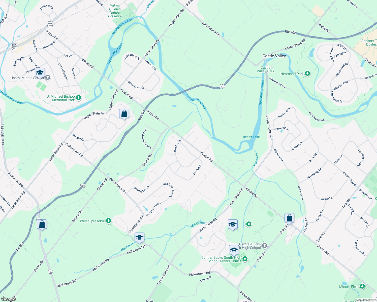 map of restaurants, bars, coffee shops, grocery stores, and more near 3490 Pin Oak Ln in Chalfont