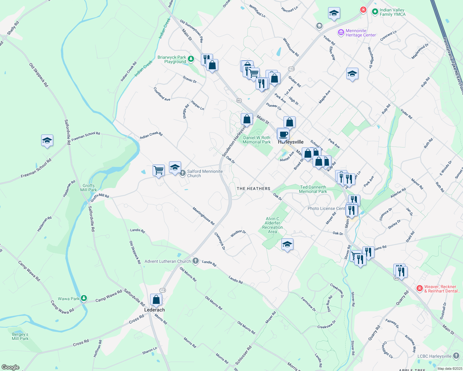 map of restaurants, bars, coffee shops, grocery stores, and more near 523 Summerhill Lane in Harleysville