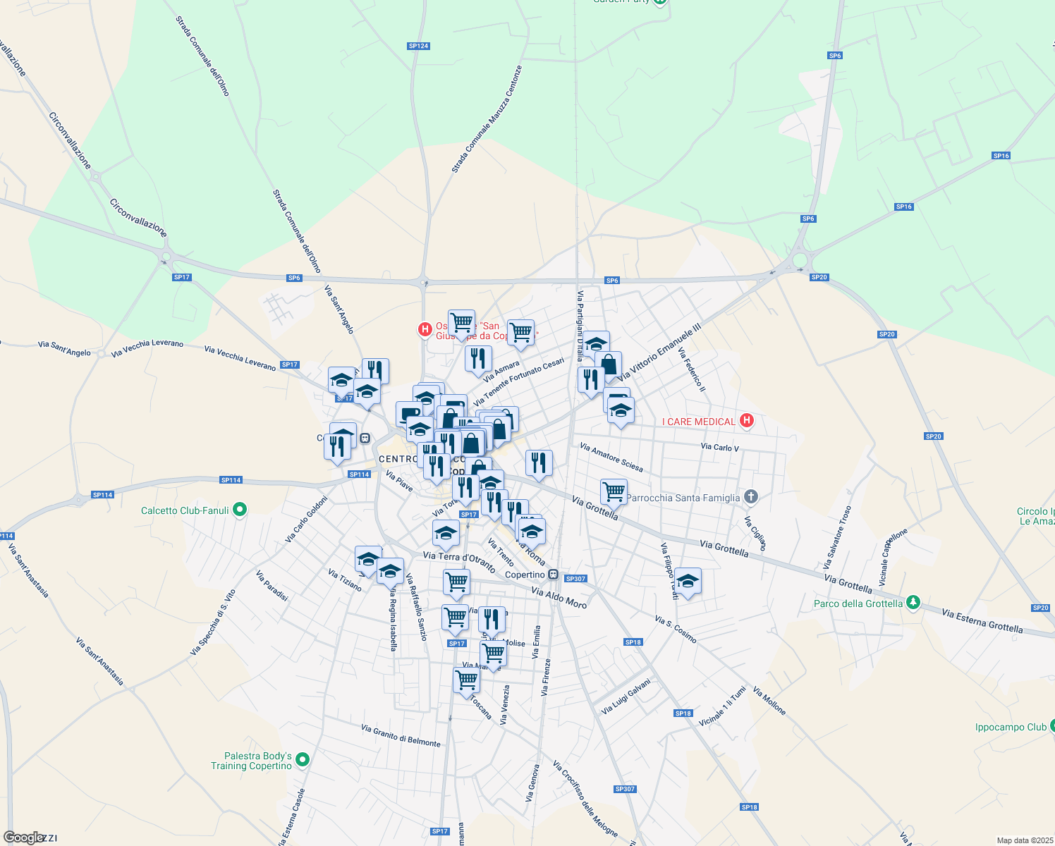 map of restaurants, bars, coffee shops, grocery stores, and more near 17 Via Monsignor Salvatore Nestola in Copertino