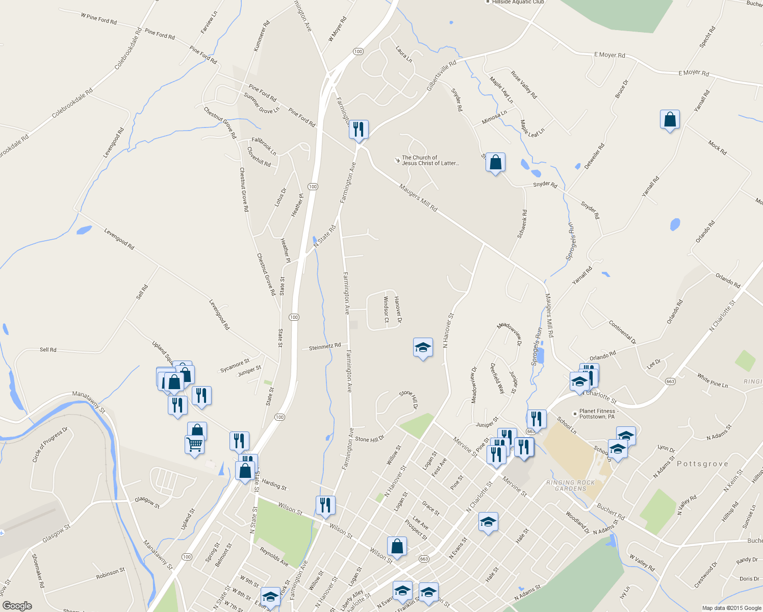 map of restaurants, bars, coffee shops, grocery stores, and more near 1331 Windsor Court in Pottstown