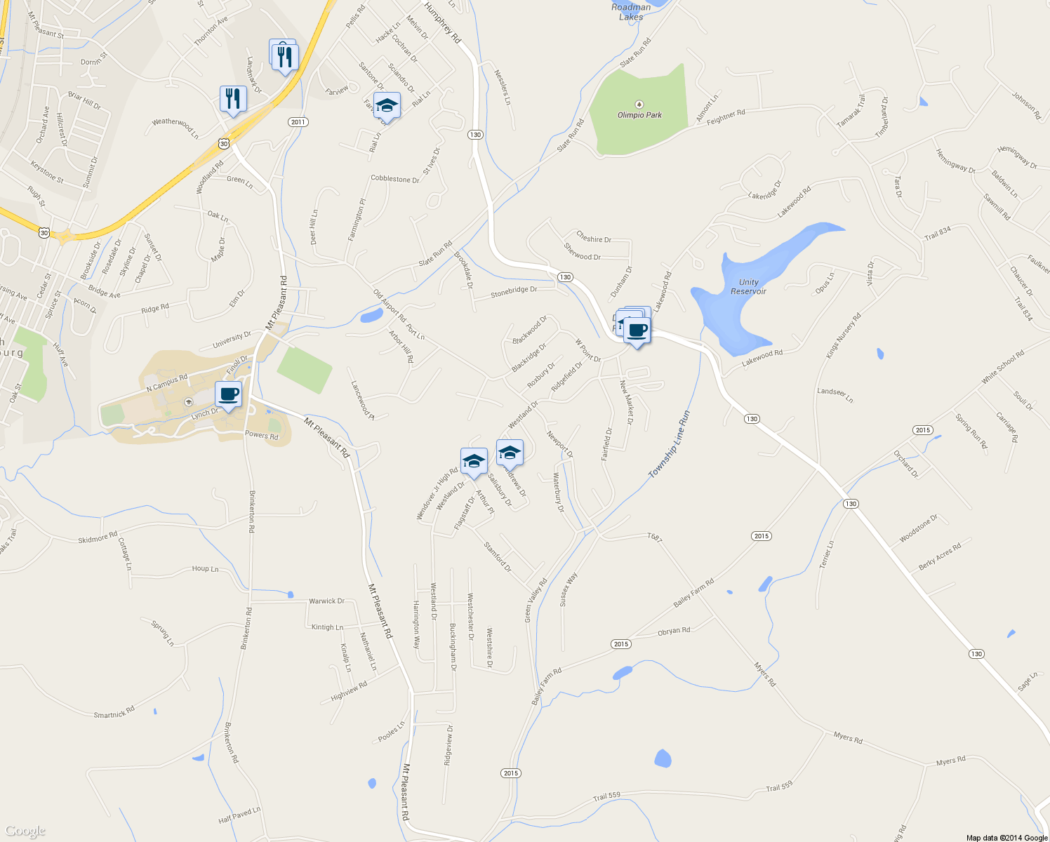 map of restaurants, bars, coffee shops, grocery stores, and more near 306 Westland Drive in Greensburg