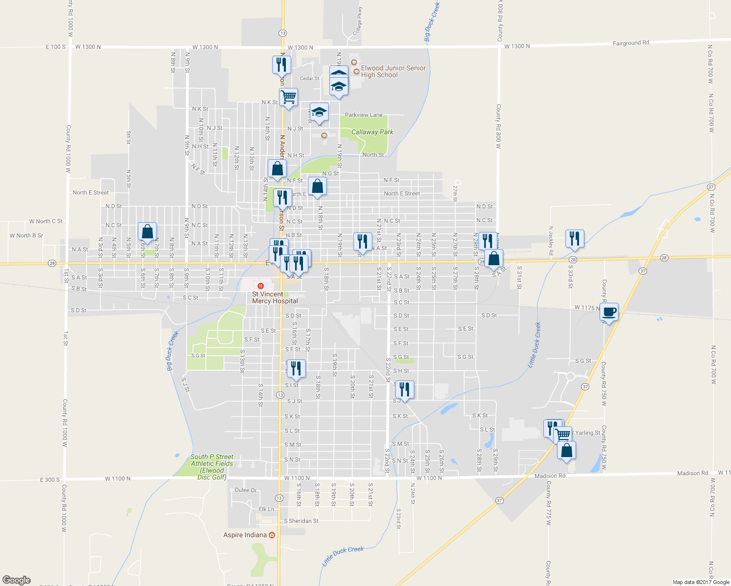 map of restaurants, bars, coffee shops, grocery stores, and more near 2011 South B Street in Elwood