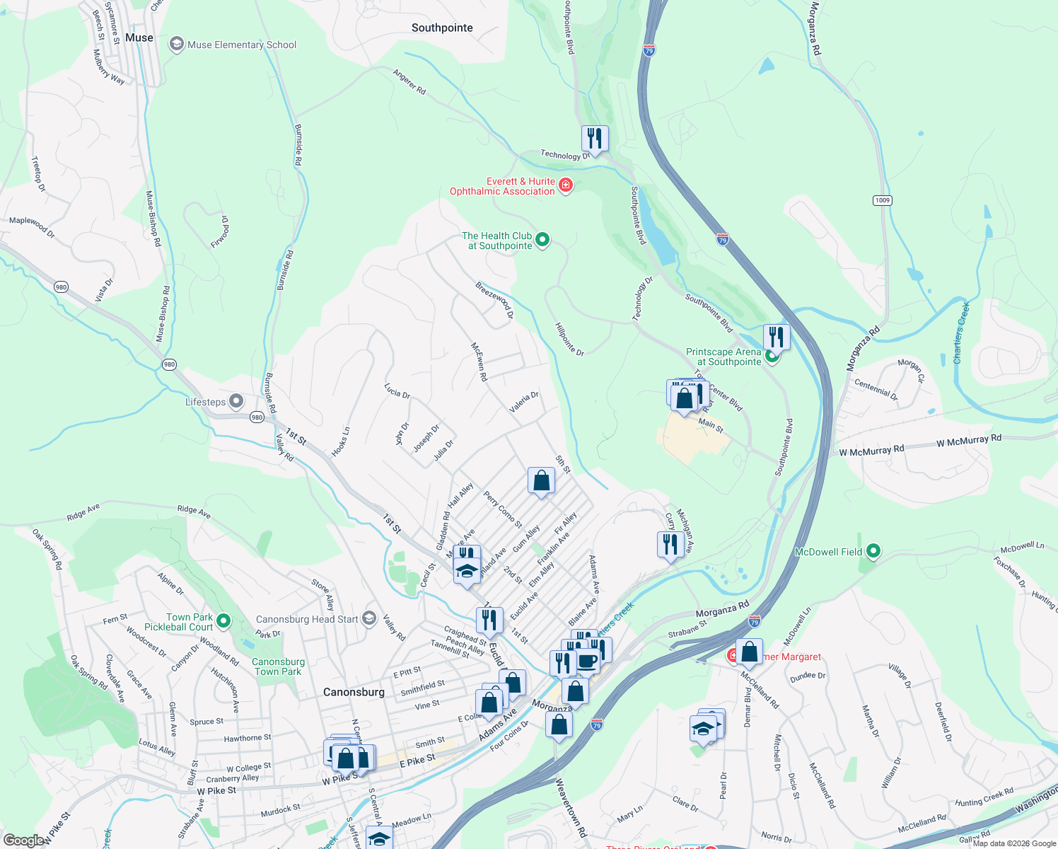 map of restaurants, bars, coffee shops, grocery stores, and more near 726 Gladden Road in Canonsburg