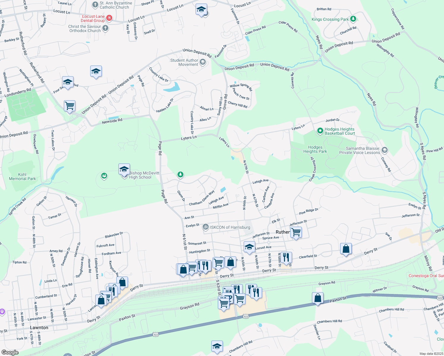 map of restaurants, bars, coffee shops, grocery stores, and more near 64360 Winwood Ct in Harrisburg