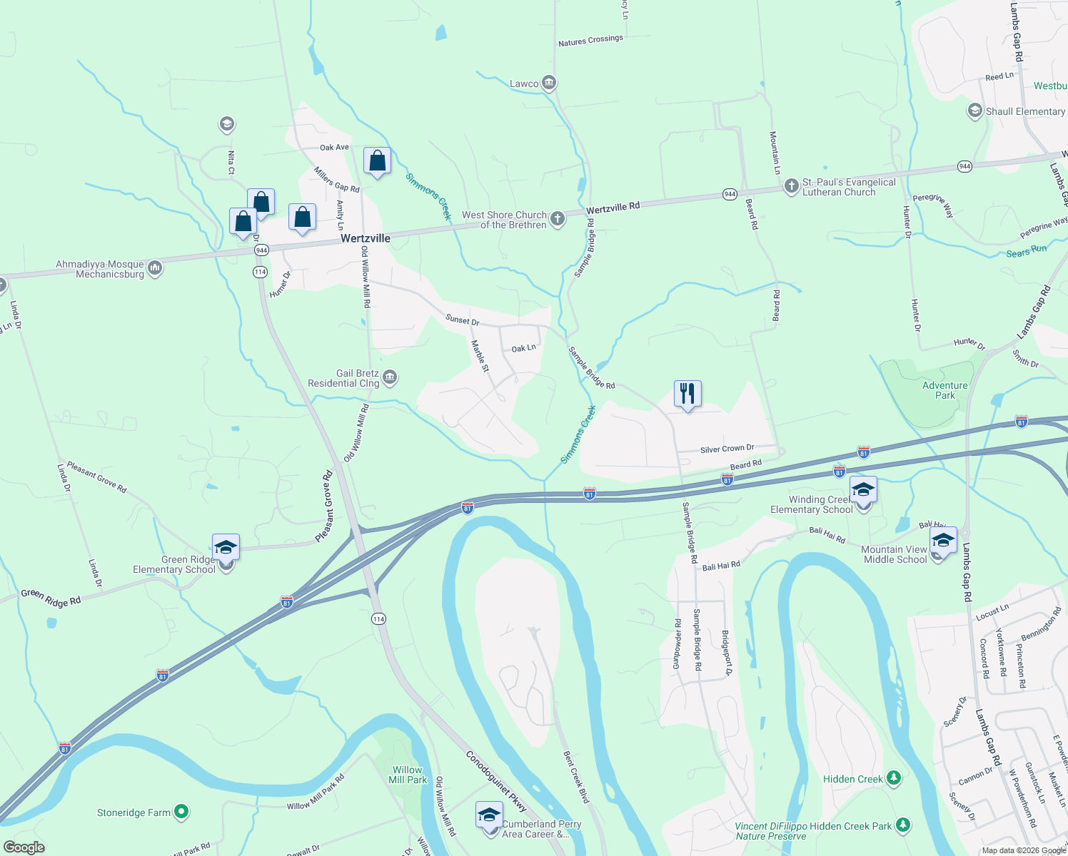 map of restaurants, bars, coffee shops, grocery stores, and more near 30 White Birch Ave in Mechanicsburg