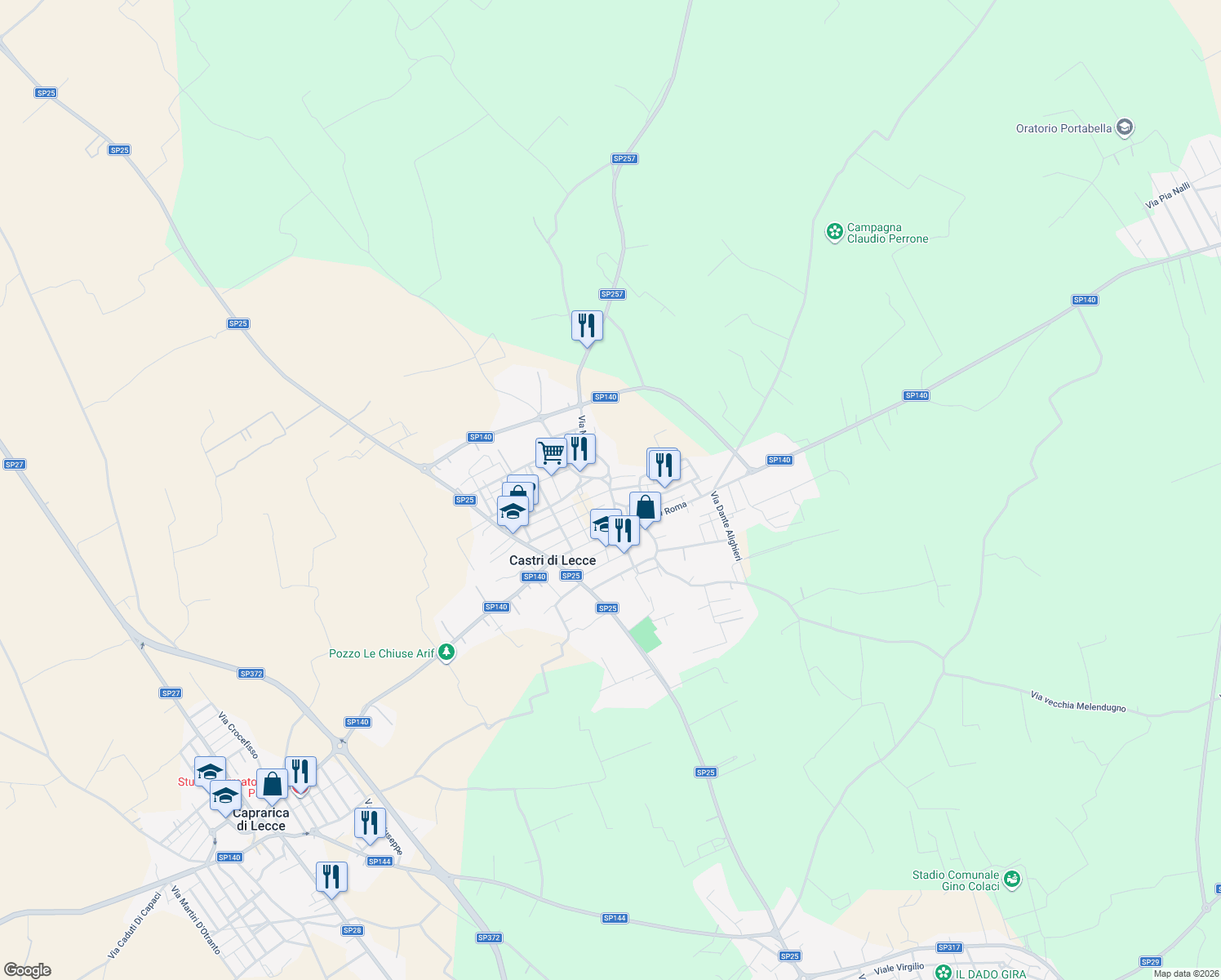 map of restaurants, bars, coffee shops, grocery stores, and more near 11 Via Salvo D'Acquisto in Provincia di Lecce