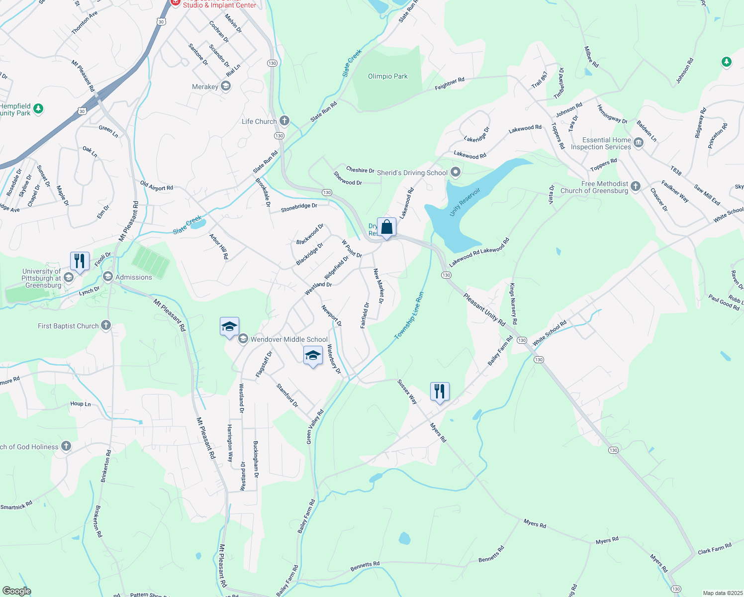map of restaurants, bars, coffee shops, grocery stores, and more near 525 Fairfield Dr in Greensburg