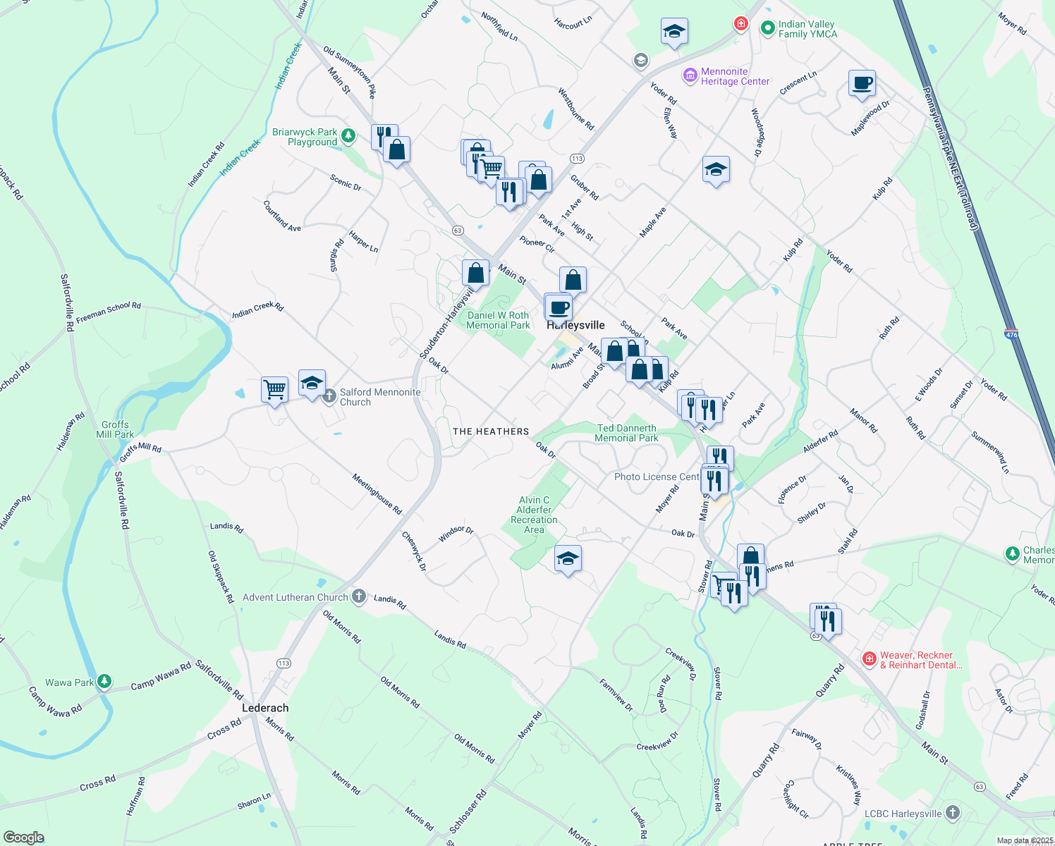 map of restaurants, bars, coffee shops, grocery stores, and more near 479 Oak Dr in Harleysville