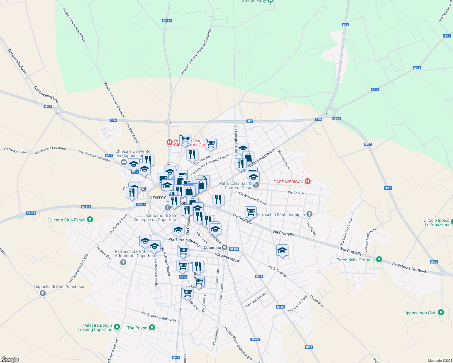 map of restaurants, bars, coffee shops, grocery stores, and more near 294 Via Mariano Cosimo in Copertino