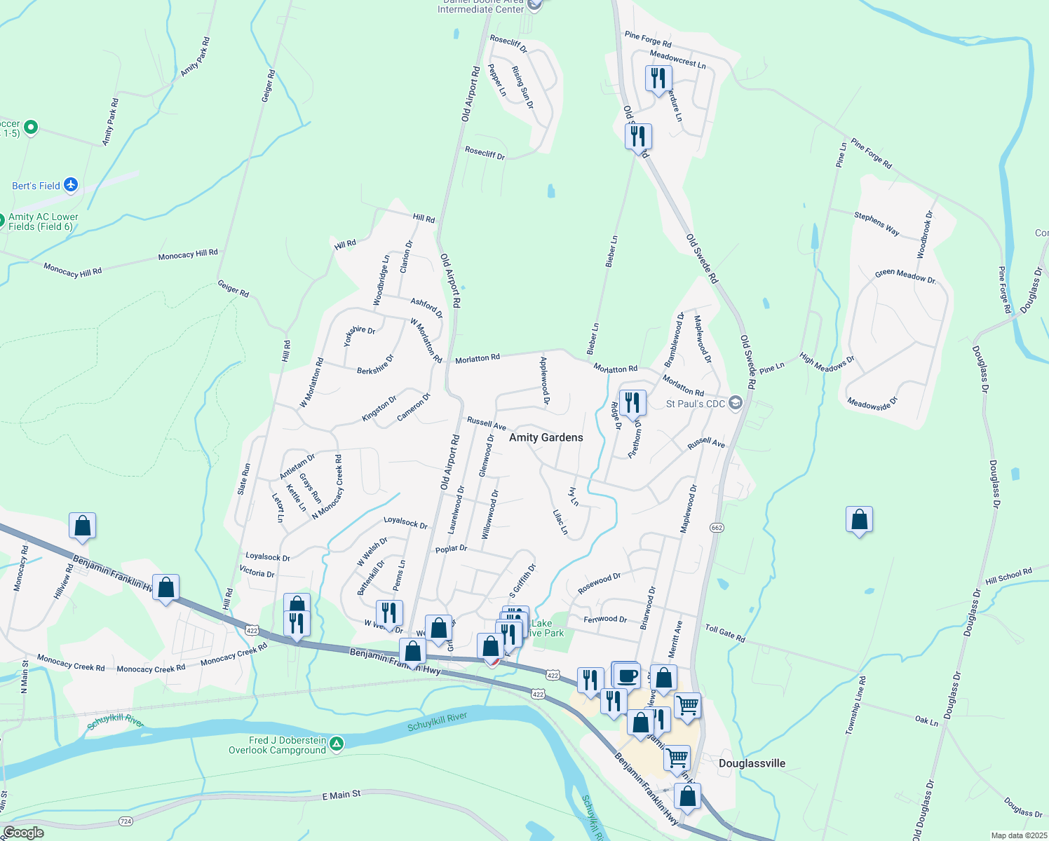 map of restaurants, bars, coffee shops, grocery stores, and more near 115 Redwood Dr in Douglassville
