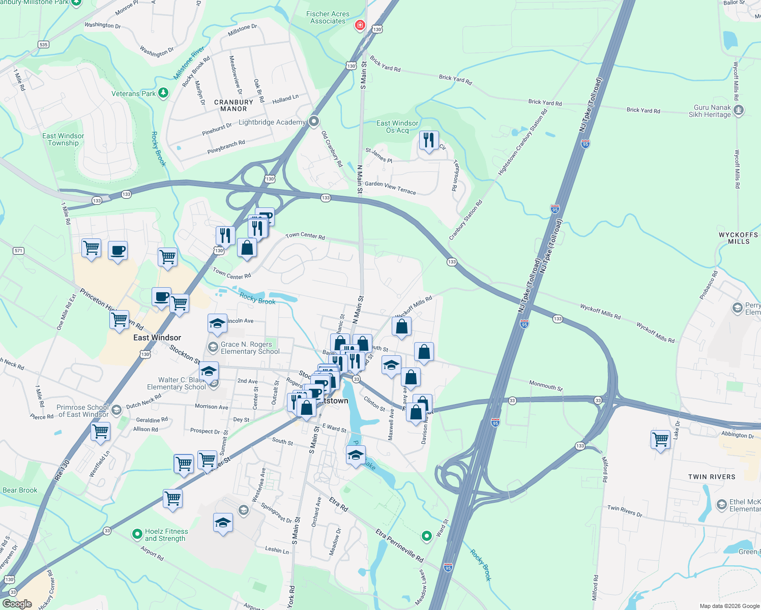 map of restaurants, bars, coffee shops, grocery stores, and more near 20 Mill Run West in Hightstown
