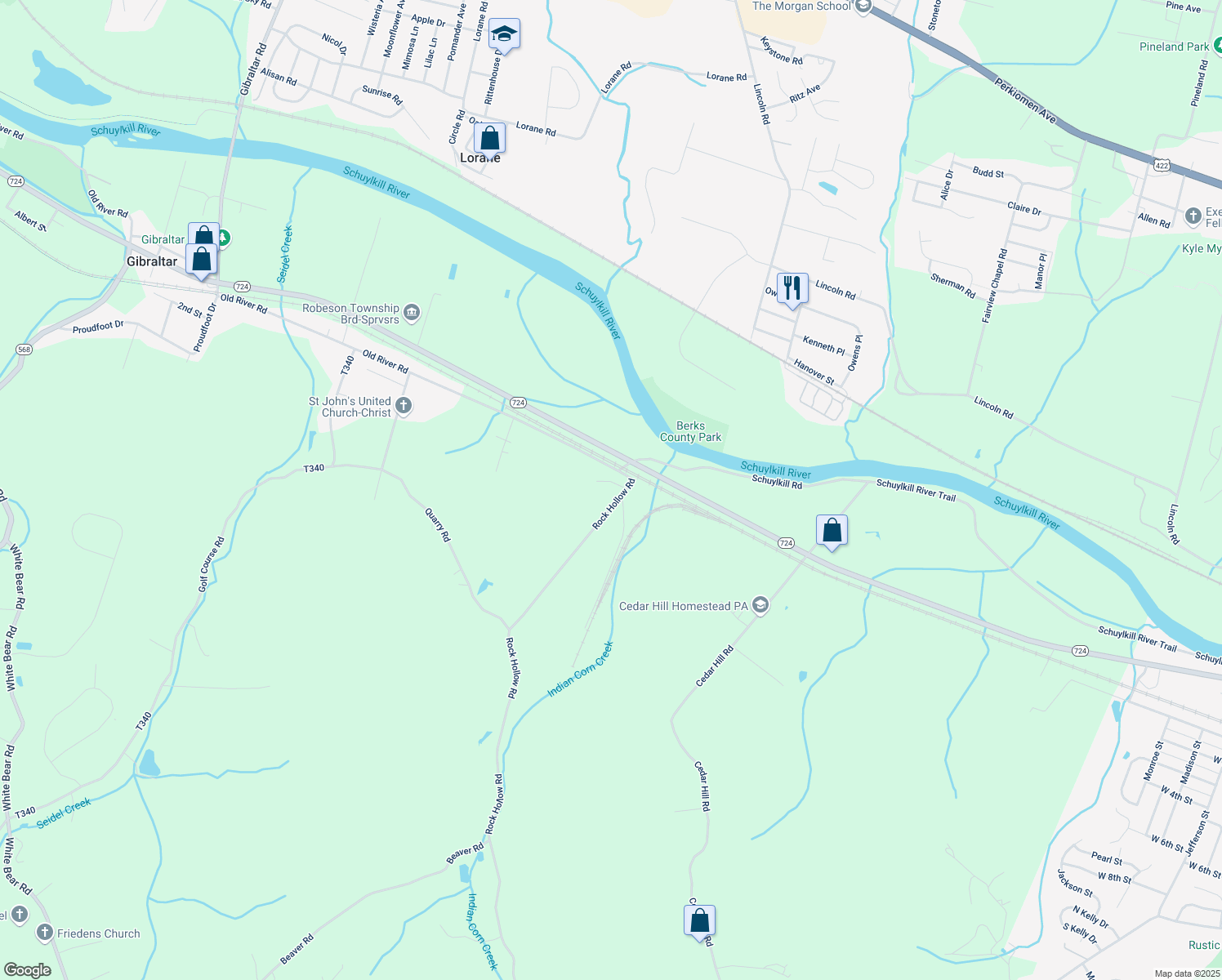 map of restaurants, bars, coffee shops, grocery stores, and more near 1650 Rock Hollow Road in Birdsboro