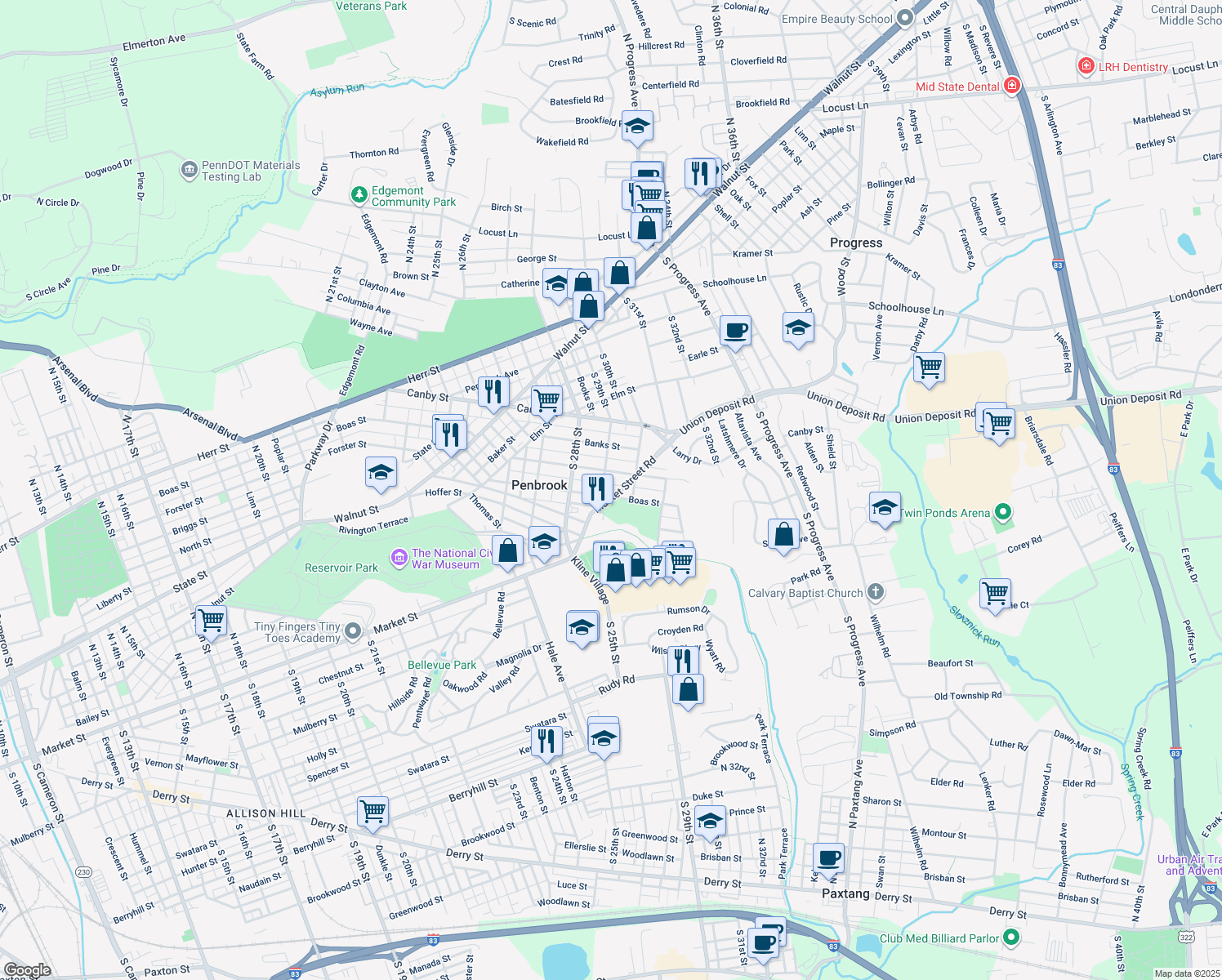 map of restaurants, bars, coffee shops, grocery stores, and more near 2904 Boas Street in Harrisburg